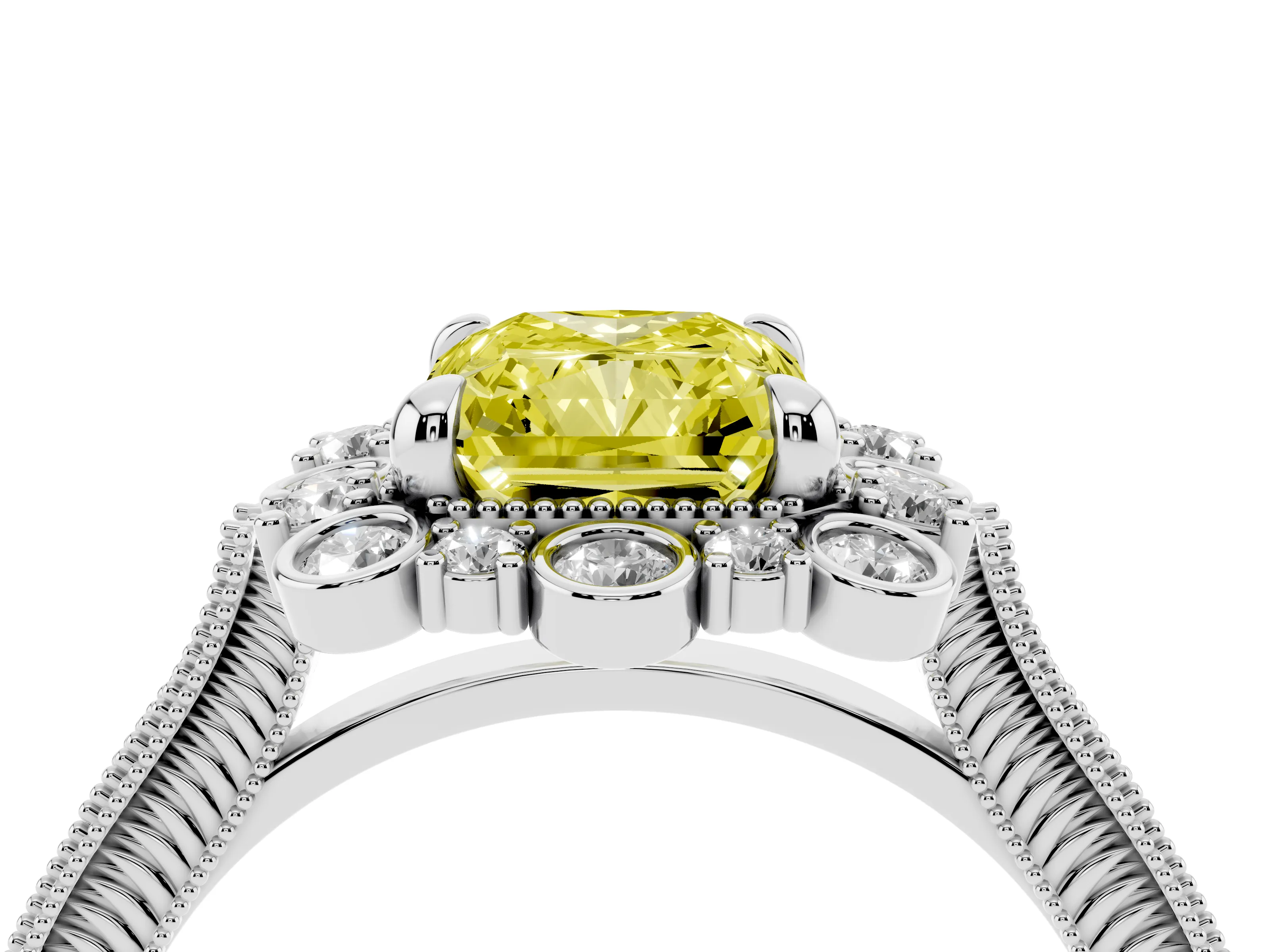Fancy Yellow Radiant Cut Diamond Halo Milgrain Pavé Ring Set in Platinum with Prong Setting