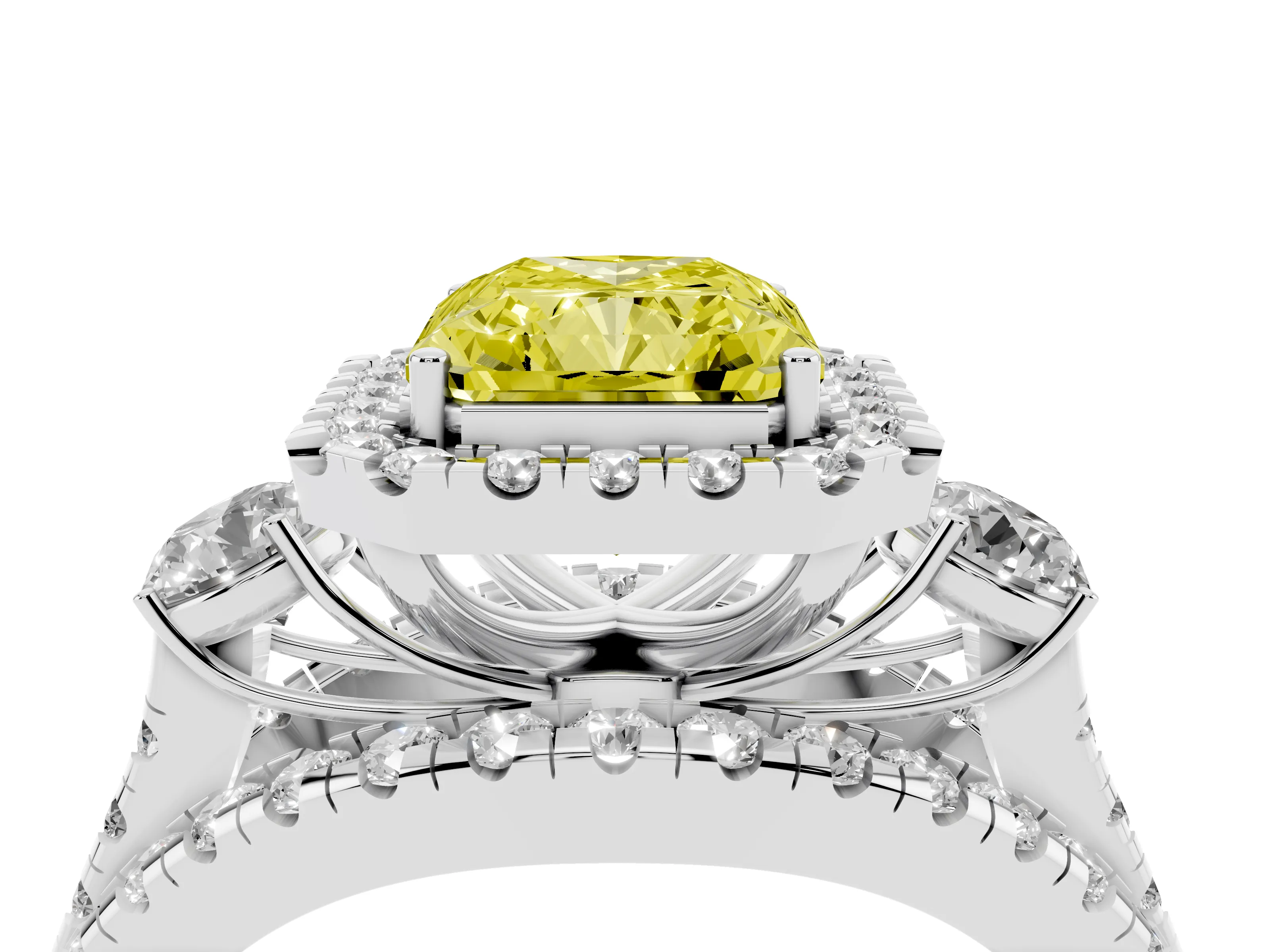 Fancy Yellow Radiant Cut Diamond Halo Split Shank Ring Set in Silver with Round Accent Stones and Prong Setting