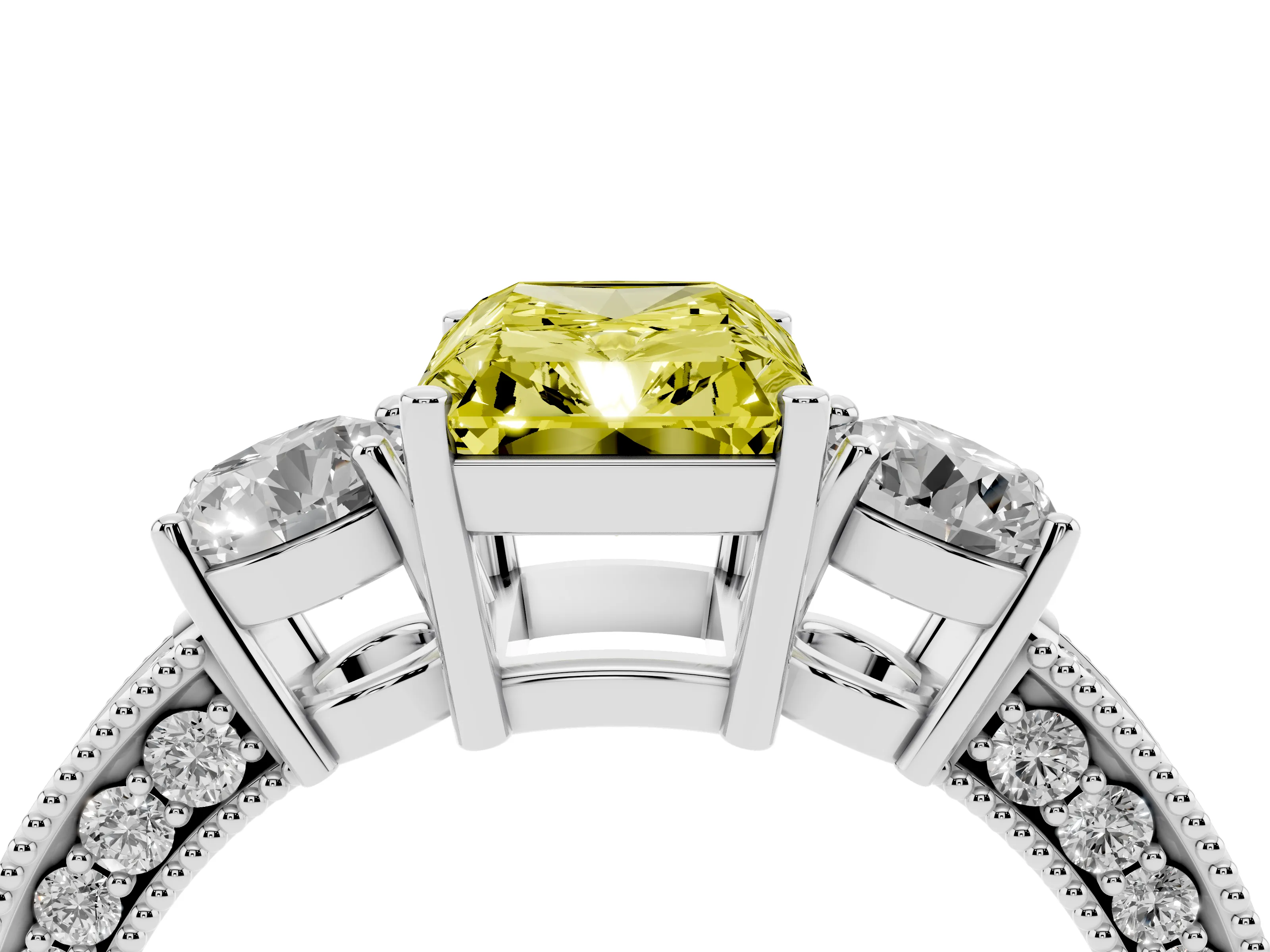 Fancy Yellow Radiant Cut Diamond Three-Stone Ring Set in Silver with Round Side Stones and Pavé Band