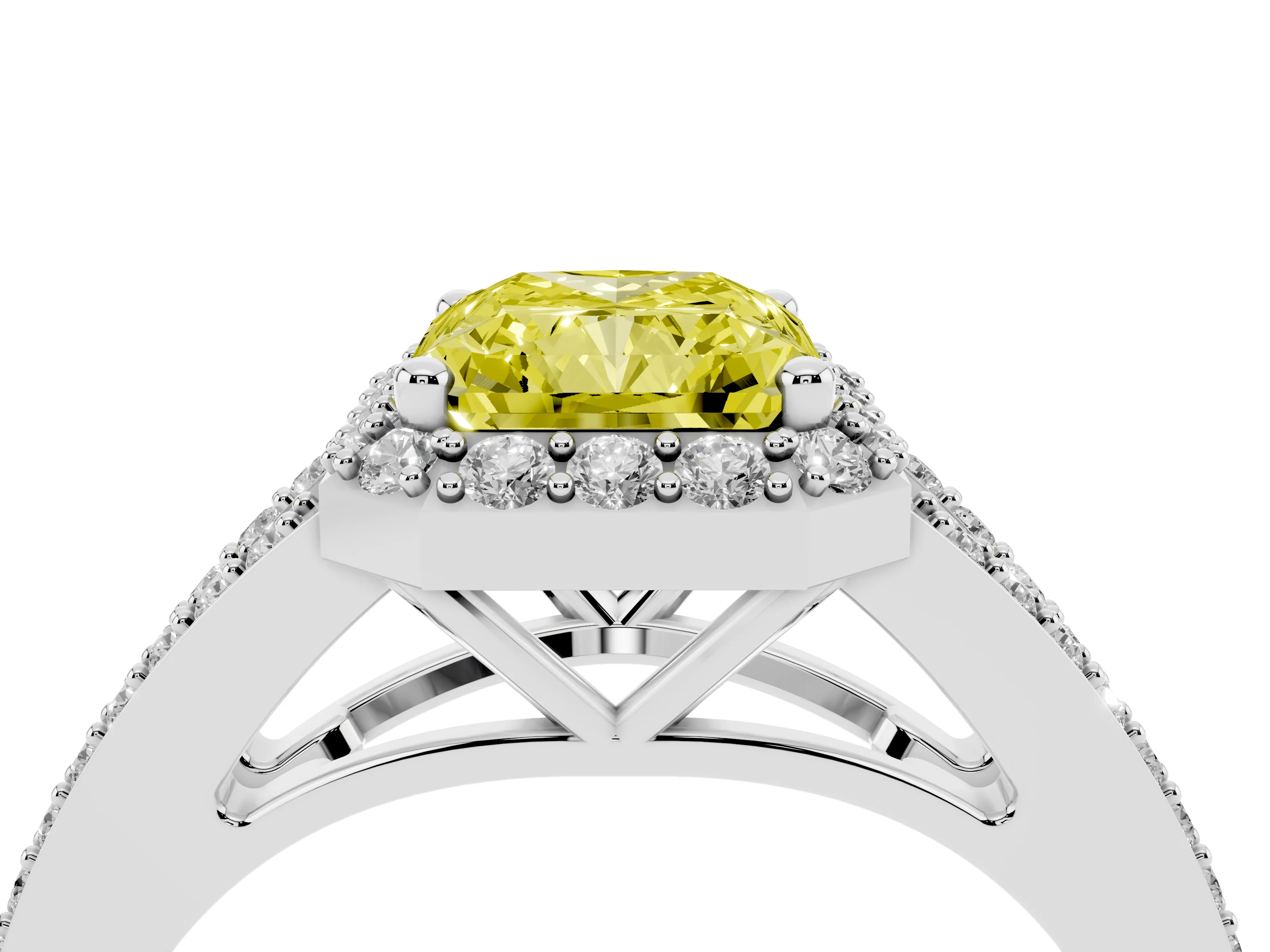 Fancy Yellow Radiant Cut Diamond Halo Split Shank Pavé Ring Set in Silver with Prong Setting