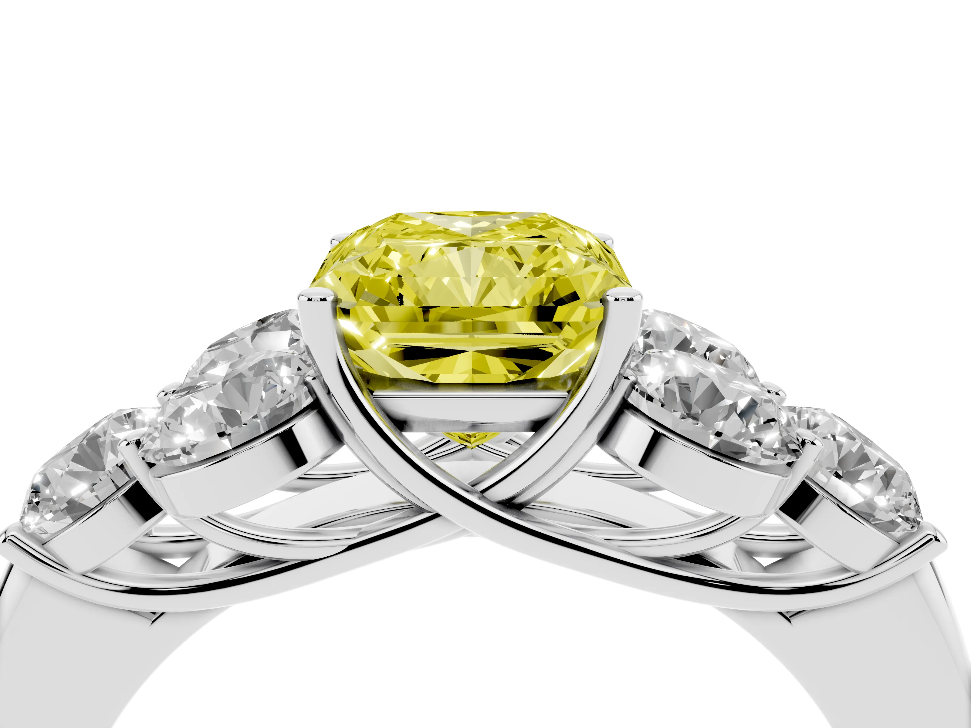 Fancy Yellow Radiant Cut Diamond Cluster Ring Set in Silver with Round Accent Stones and Prong Setting on a Plain Band
