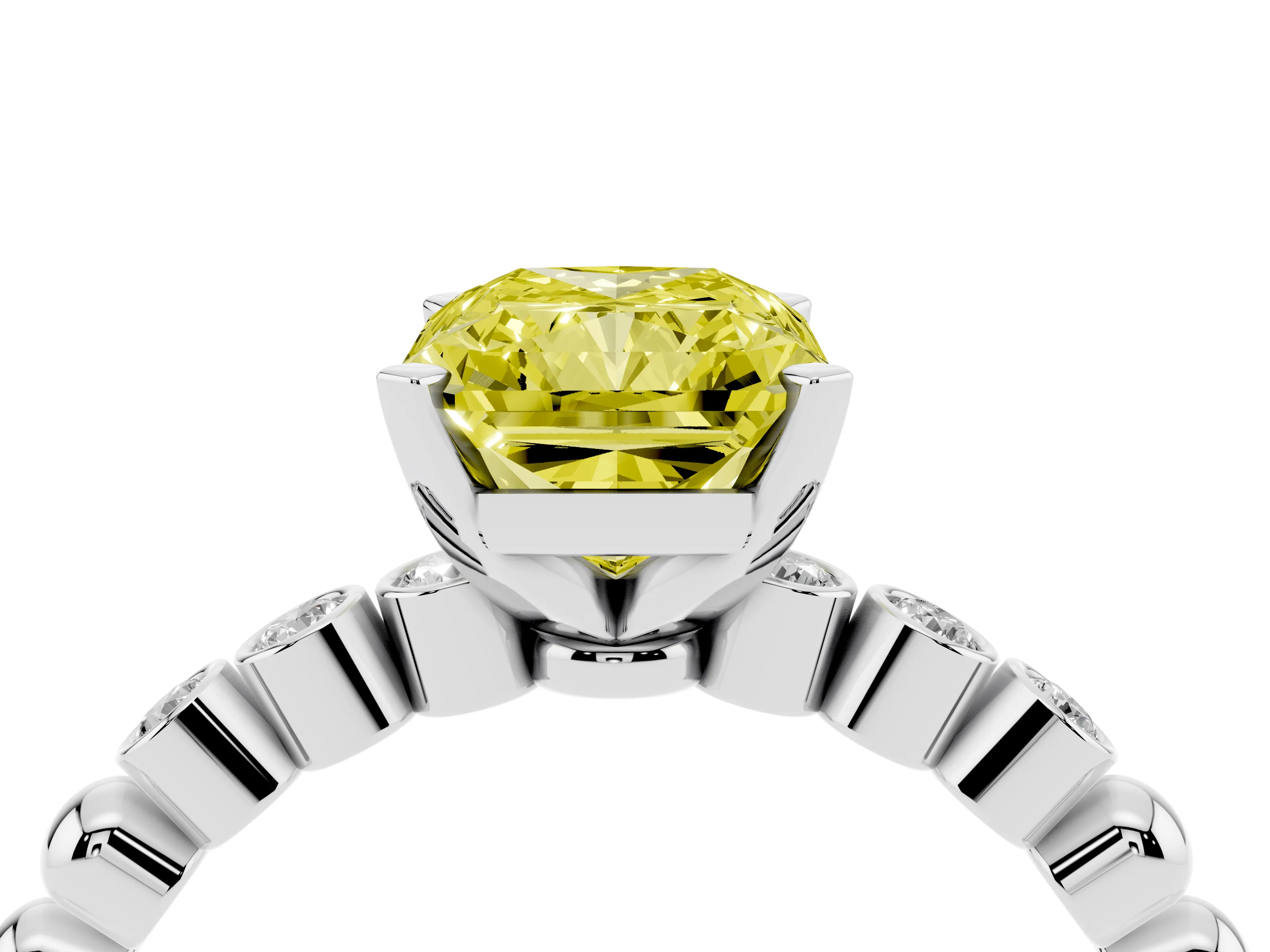 Fancy Yellow Radiant Cut Diamond Solitaire Engagement Ring Set in White gold with Bezel Accents on Beaded Band