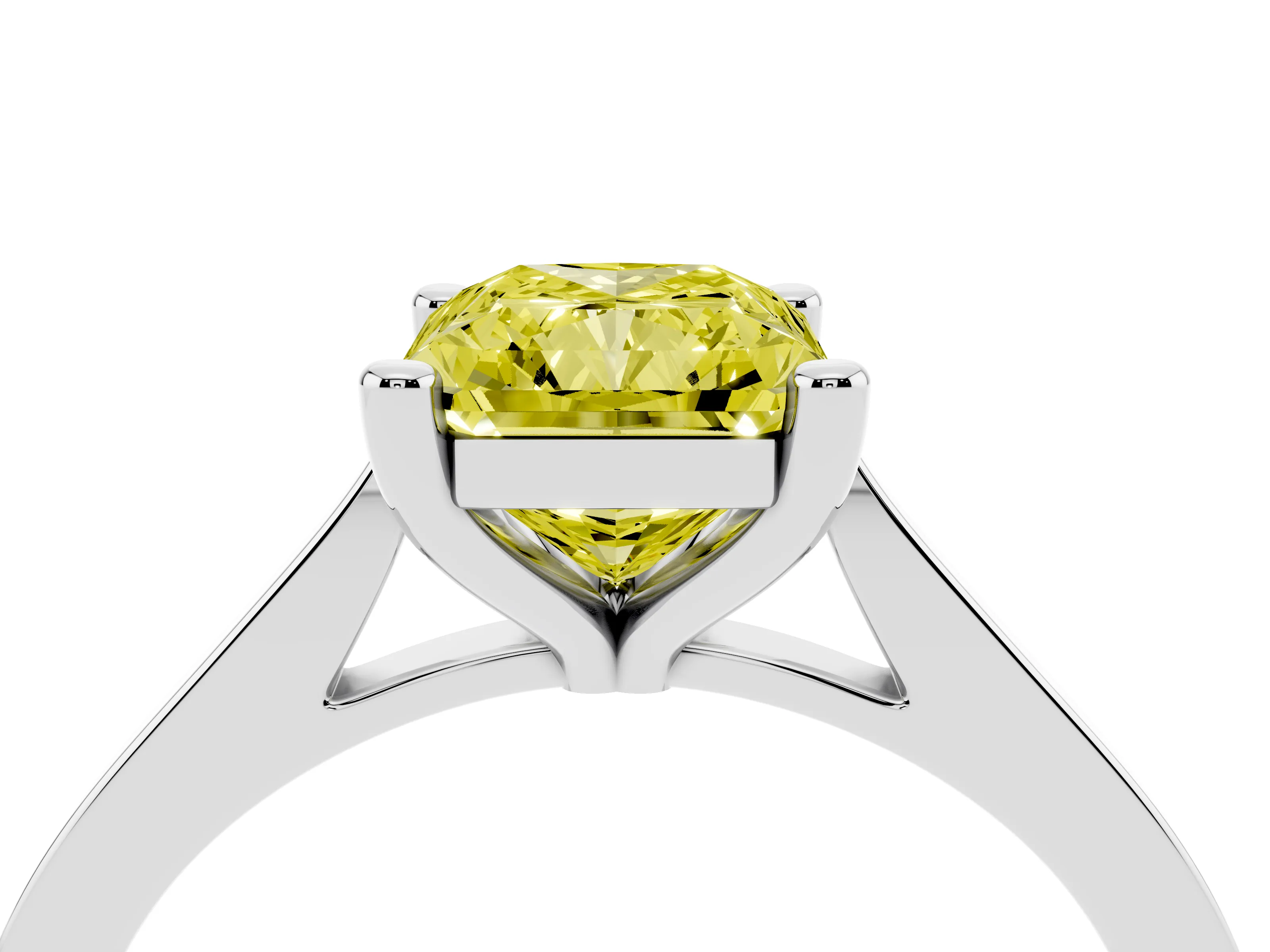 Fancy Yellow Radiant Cut Diamond Solitaire Ring Set in Platinum with Prong Setting and Tapered Band