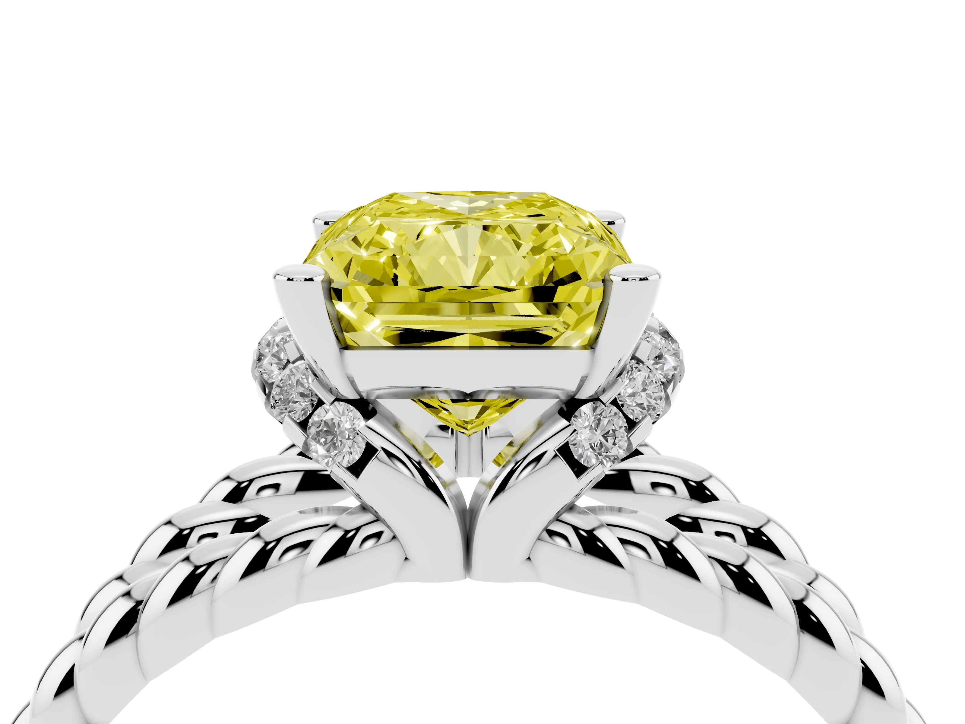 Fancy Yellow Radiant Cut Diamond Halo Ring Set in White gold with Twisted Band and Prong Setting