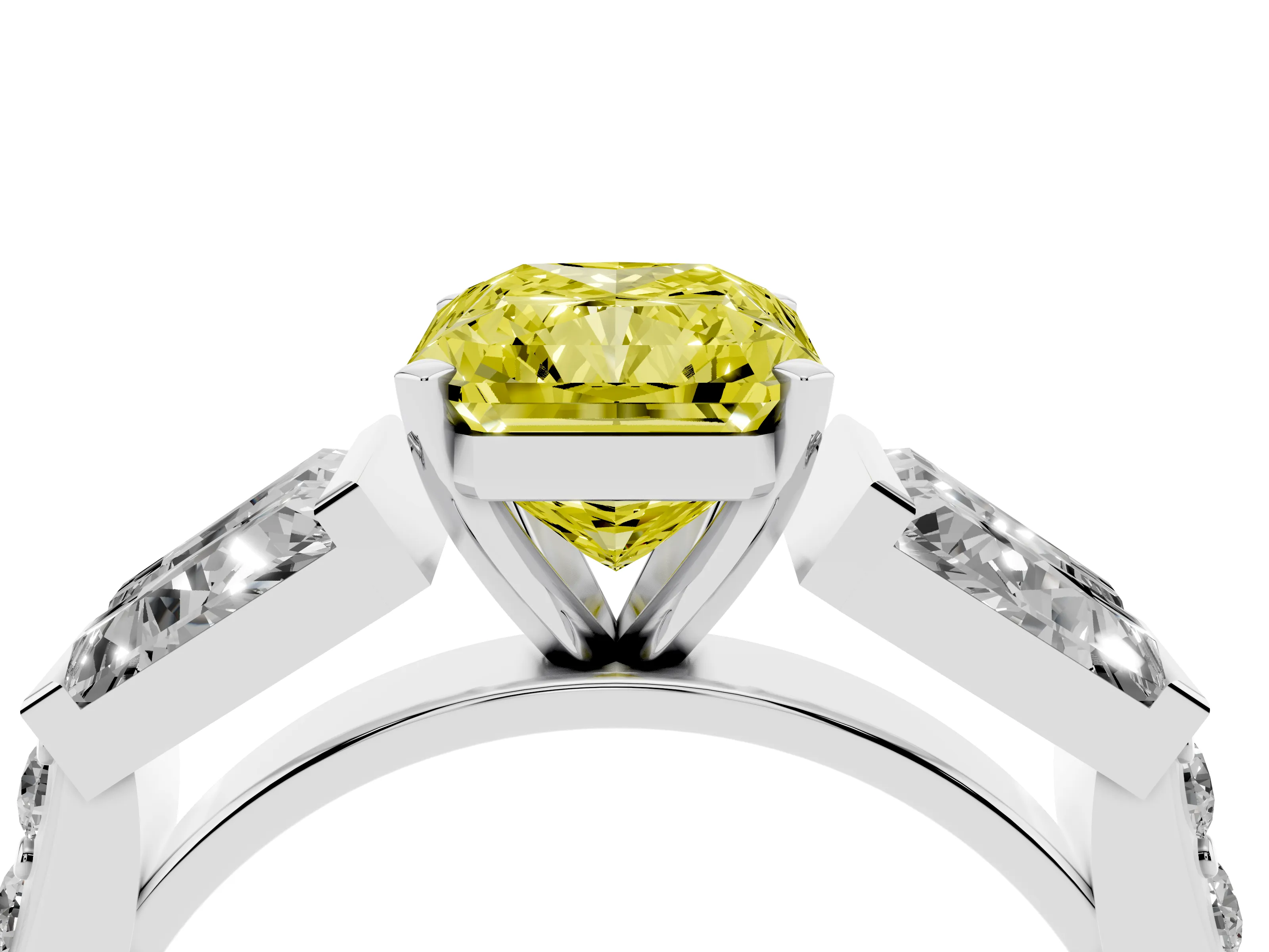 Fancy Yellow Radiant Cut Diamond Engagement Ring Set in Silver with Baguette Side Stones and Channel Set Band