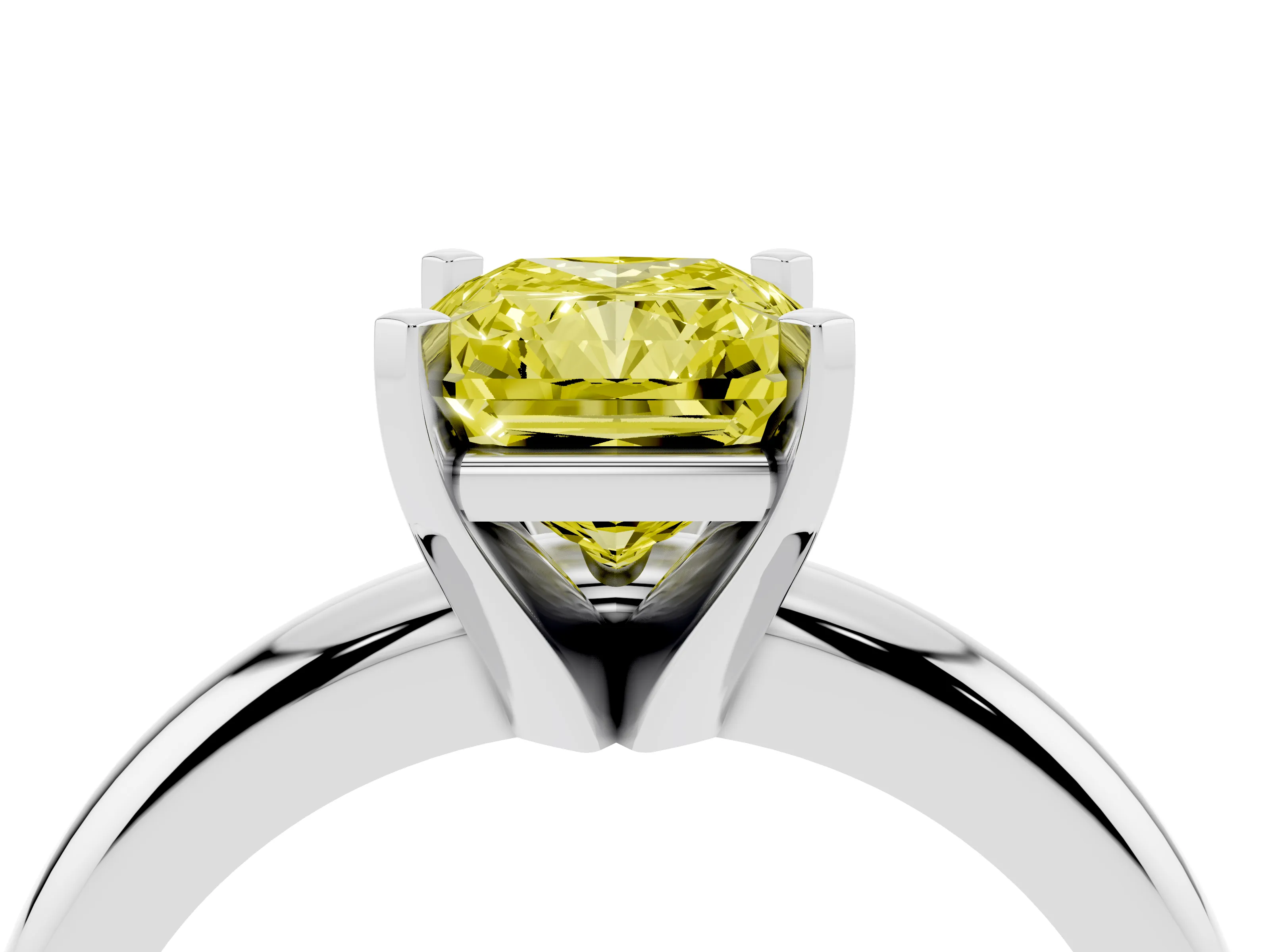 Fancy Yellow Radiant Cut Diamond Solitaire Engagement Ring Set in Platinum with Round Band and Prong Setting