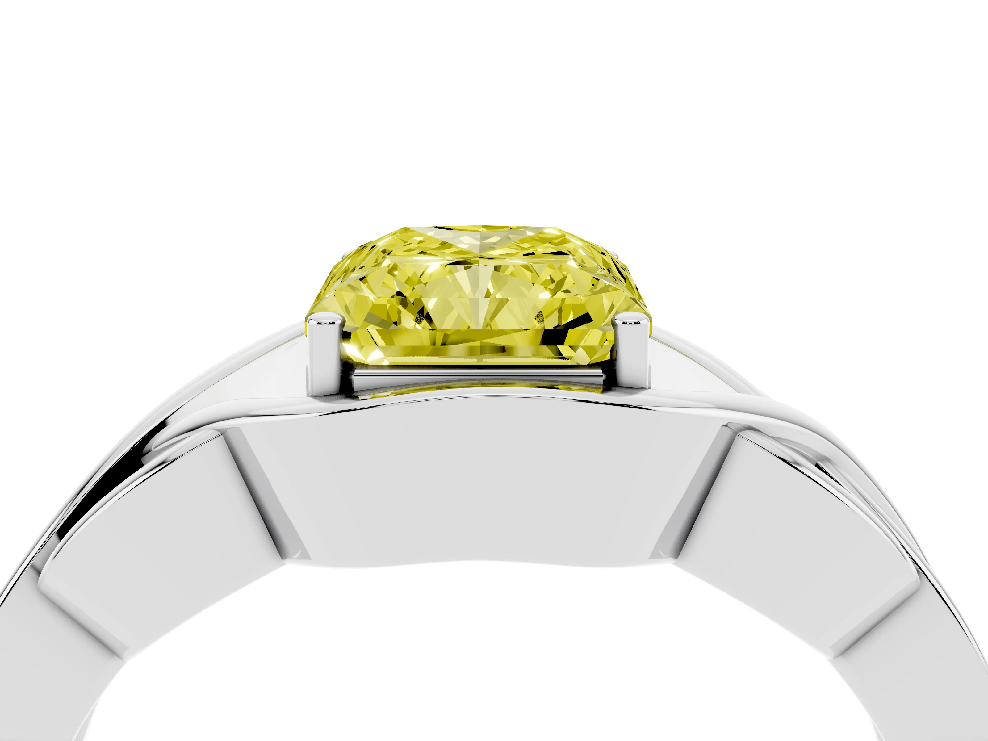Fancy Yellow Radiant Cut Diamond Solitaire Ring Set in Silver with Intertwined Band