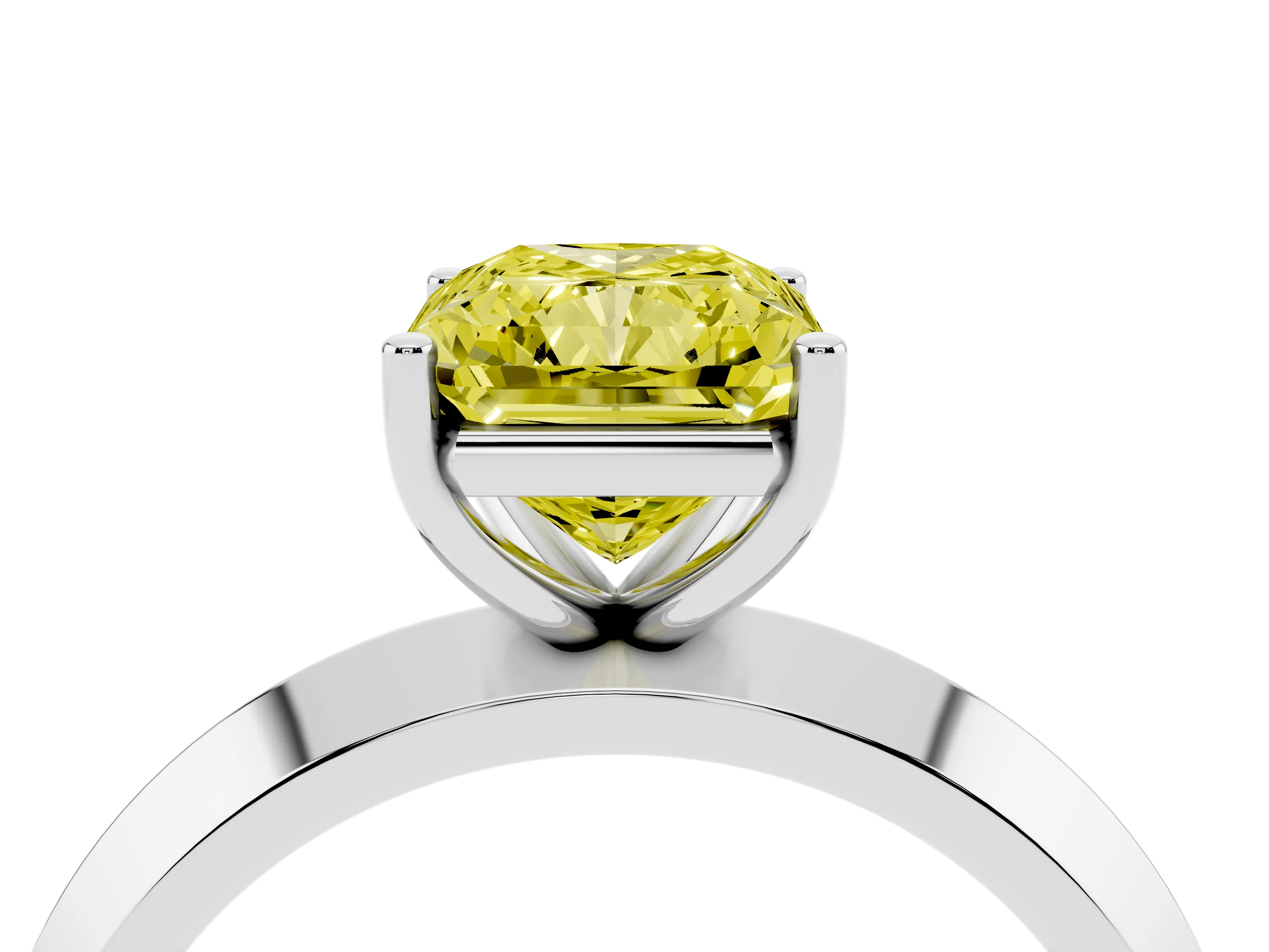 Fancy Yellow Radiant Cut Diamond Solitaire Engagement Ring Set in Silver with Flat Band and Prong Setting