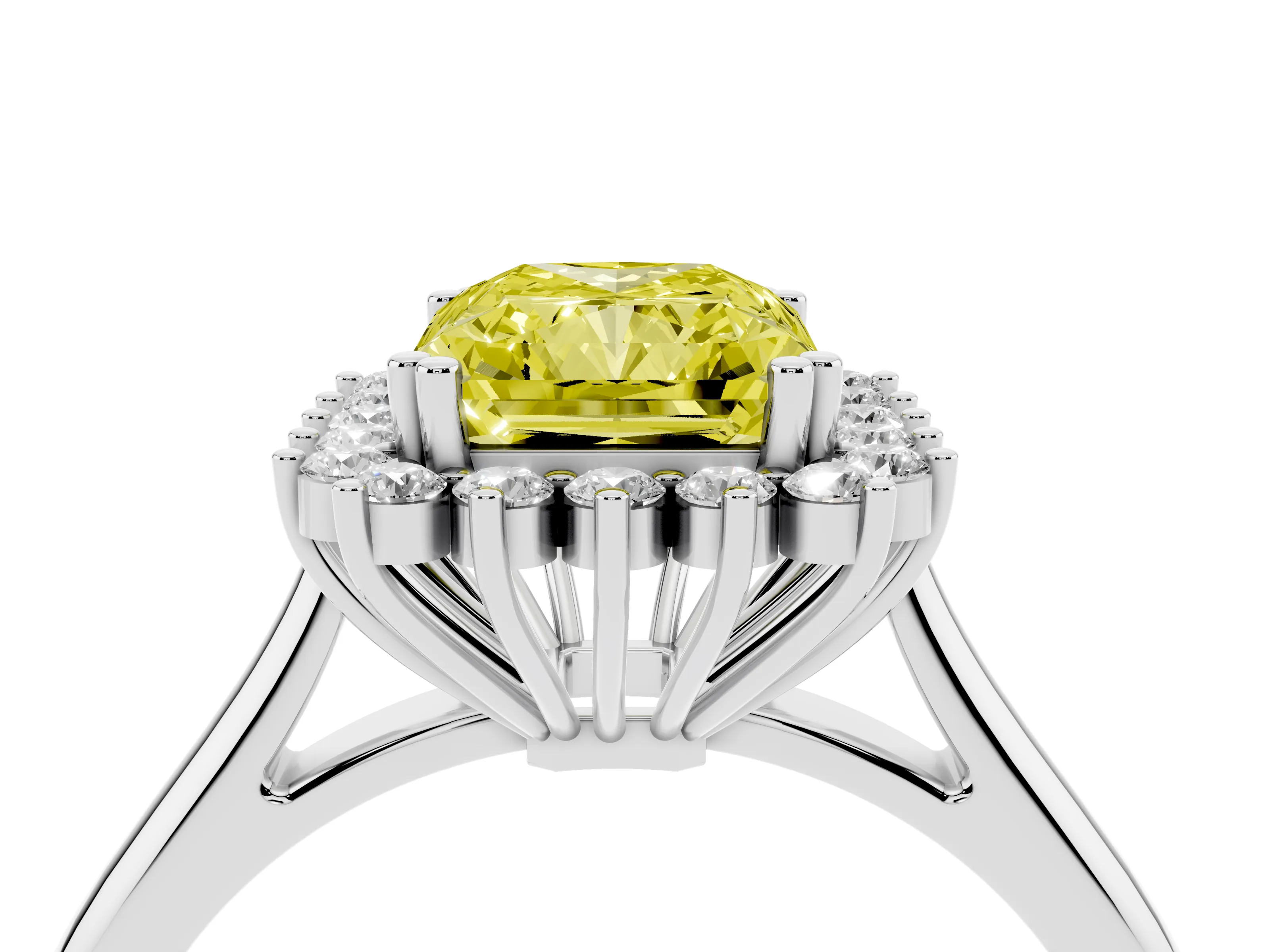 Fancy Yellow Radiant Cut Diamond Halo Ring Set in Silver with Plain Solitaire Band and Prong Setting