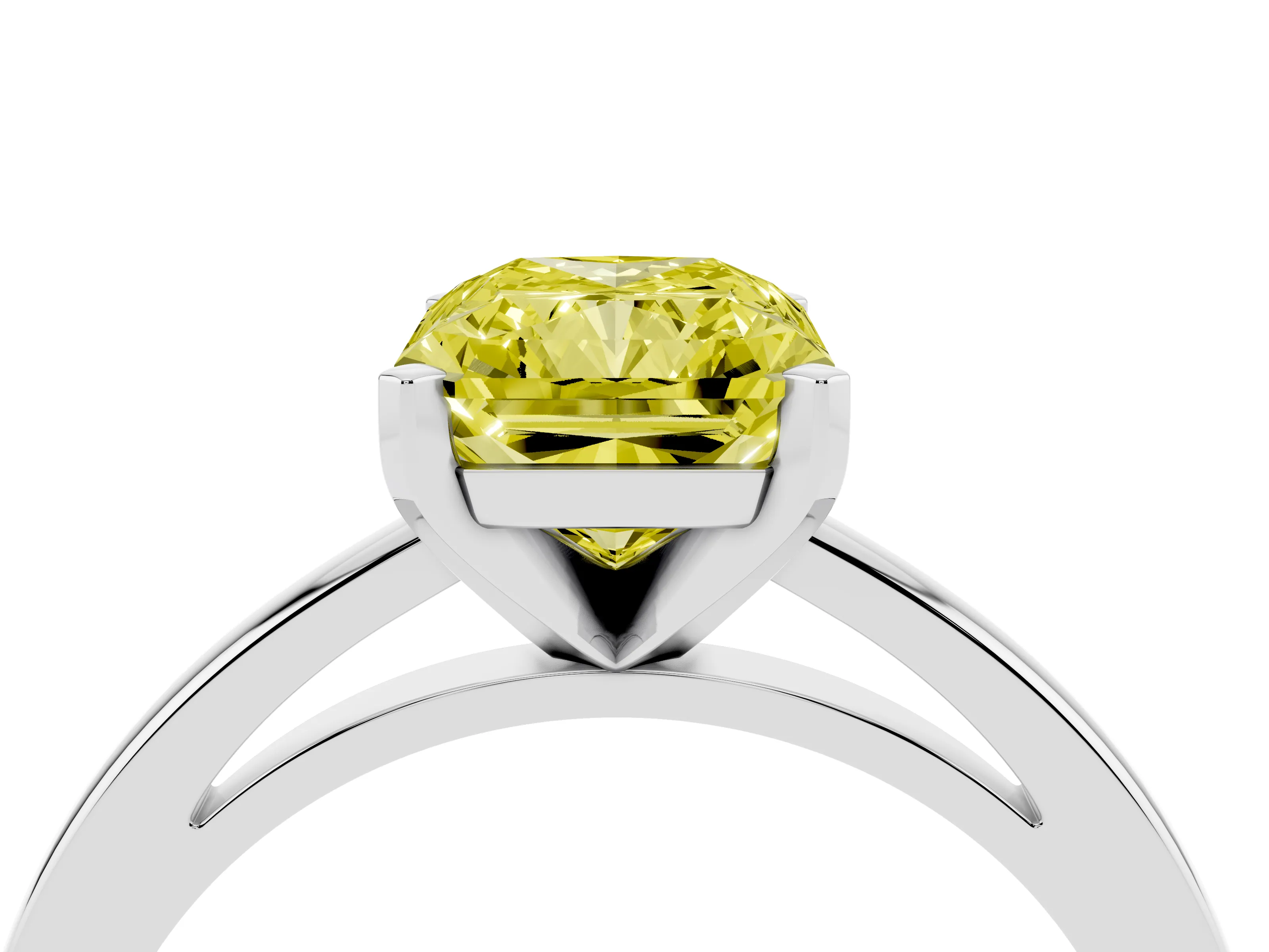 Fancy Yellow Radiant Cut Diamond Solitaire Engagement Ring Set in Platinum with Prong Setting on a Classic Band