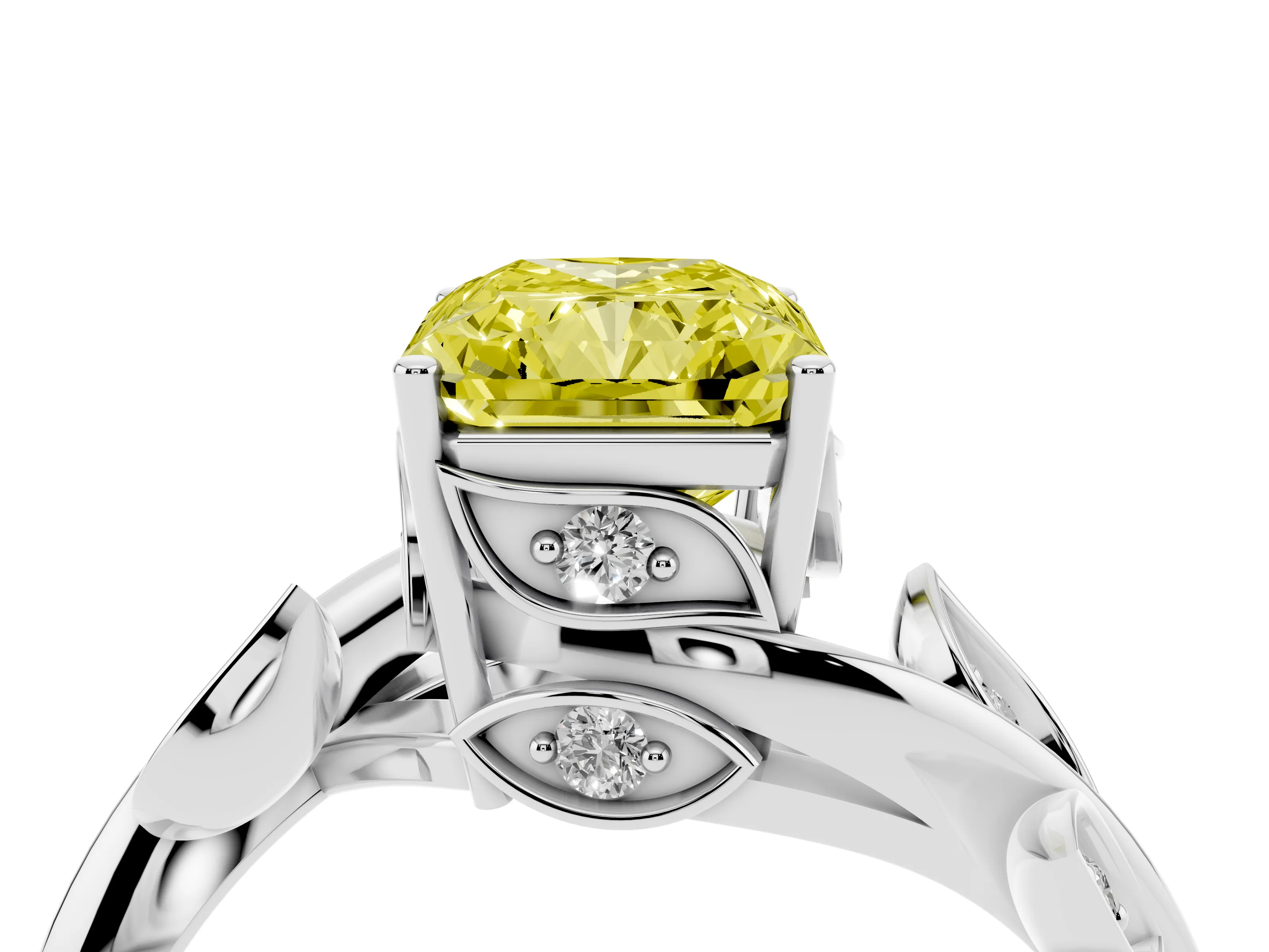 Fancy Yellow Radiant Cut Diamond Solitaire Twist Engagement Ring Set in Platinum with Pavé Leaf Accents