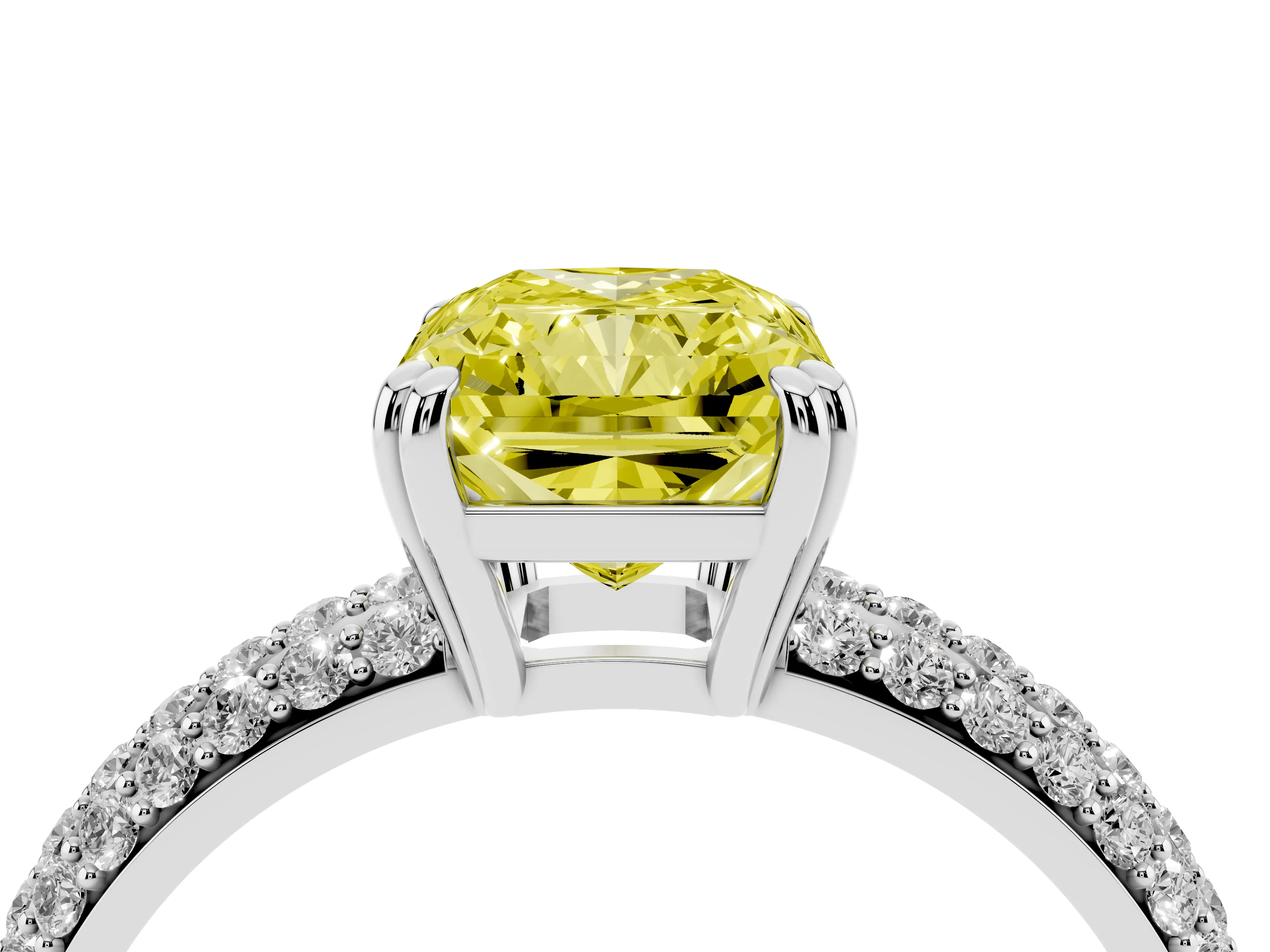 Fancy Yellow Radiant Cut Diamond Solitaire Ring Set in Platinum with Multi-Row Round Pavé Band and Prong Setting