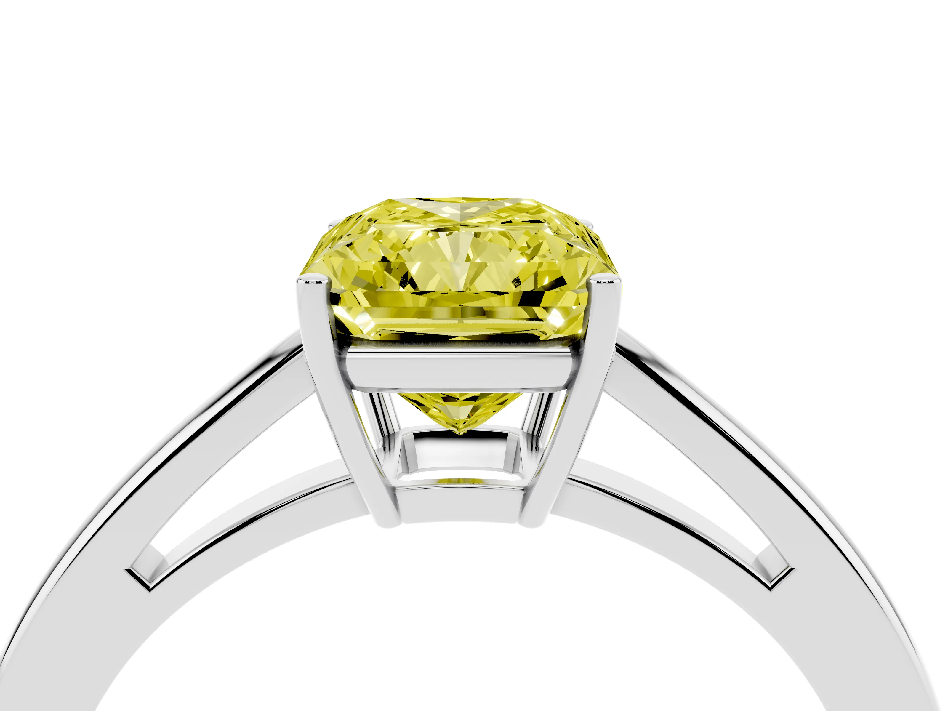 Fancy Yellow Radiant Cut Diamond Solitaire Ring Set in Silver with Split Shank and Prong Setting