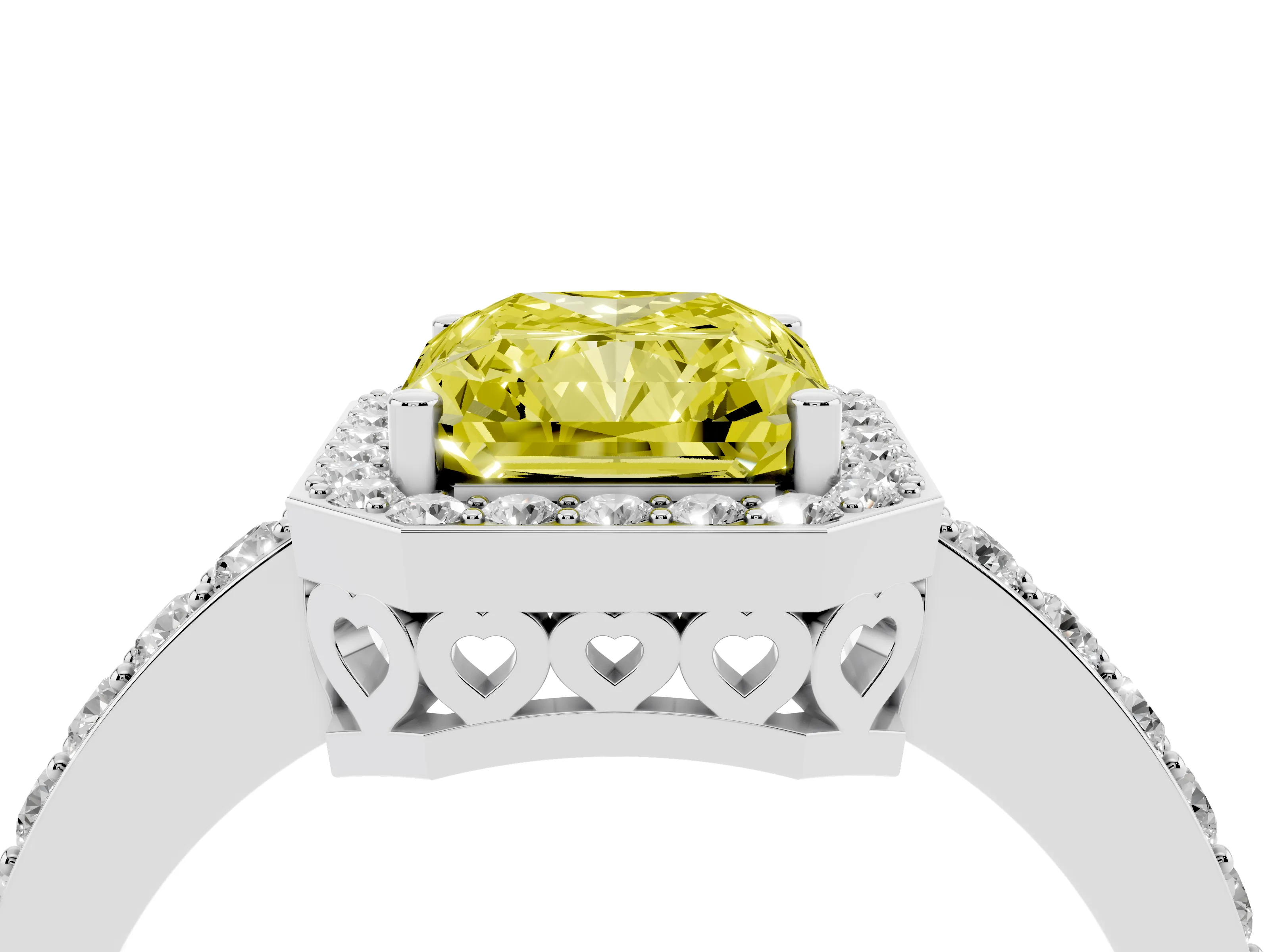 Fancy Yellow Radiant Cut Diamond Halo Ring Set in White gold with Pavé-Setting Band and Open Prong Center