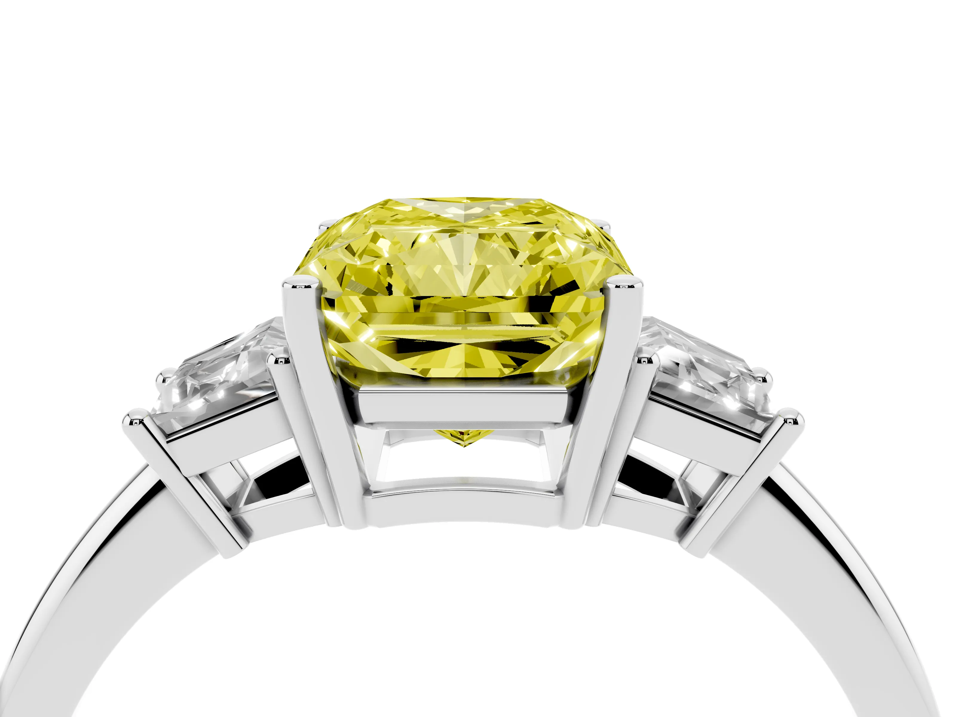 Fancy Yellow Radiant Cut Diamond Three-Stone Ring Set in Silver with Trapezoid Side Stones and Prong Setting