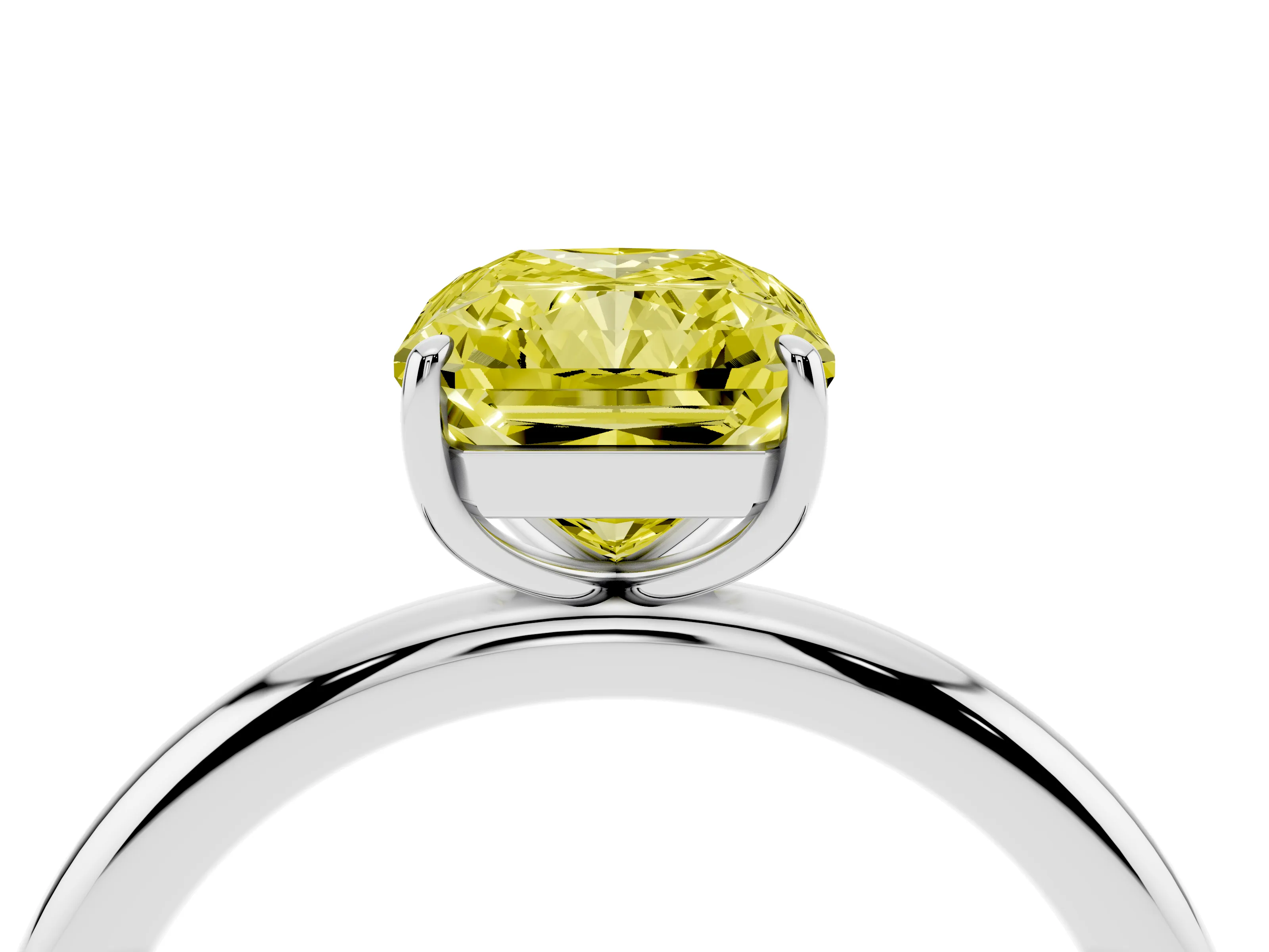 Fancy Yellow Radiant Cut Diamond Solitaire Ring Set in Platinum with Prong Setting on a Polished Plain Band