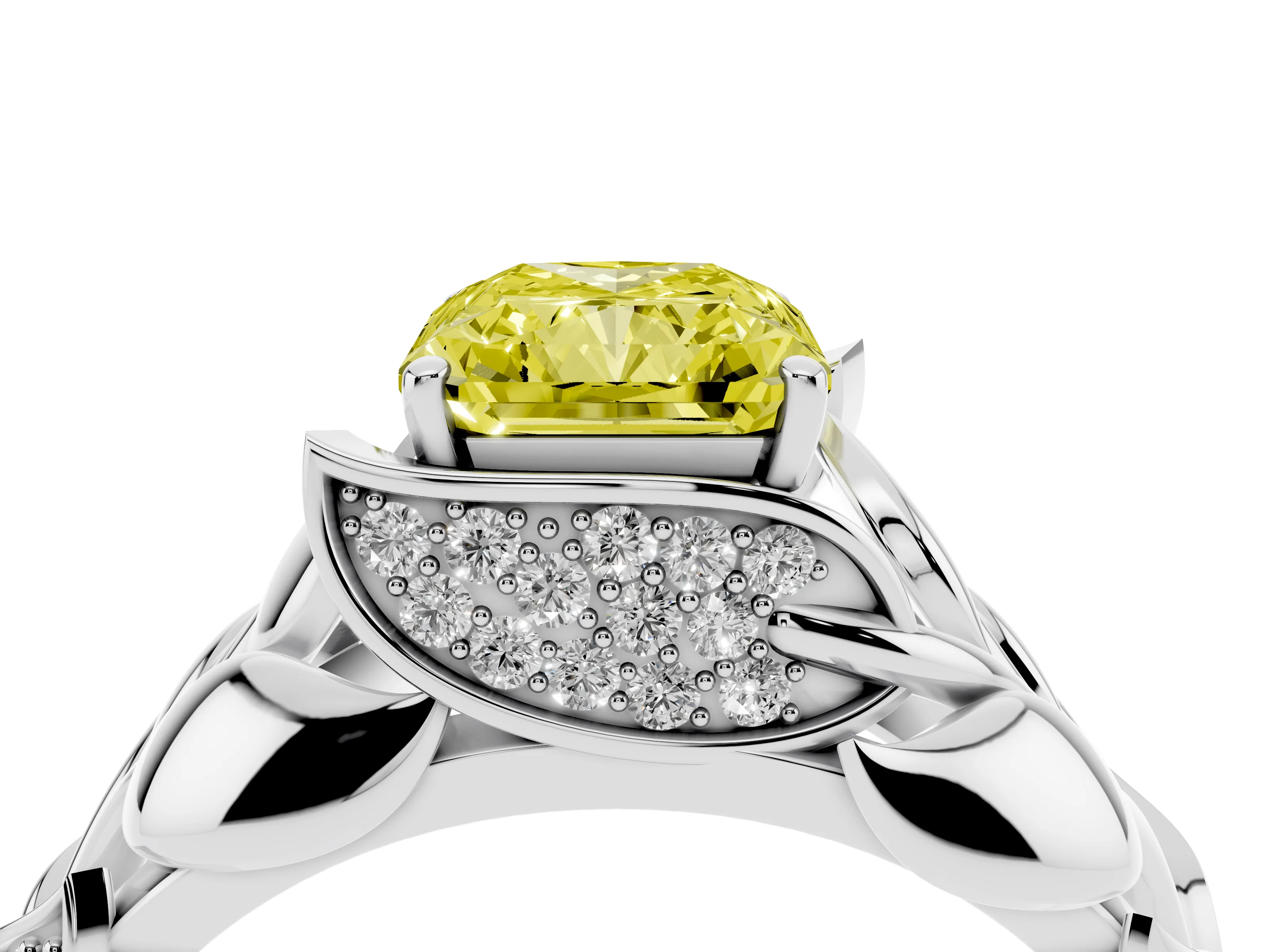 Fancy Yellow Radiant Cut Diamond Leaf-Inspired Engagement Ring Set in Platinum with Round Accents