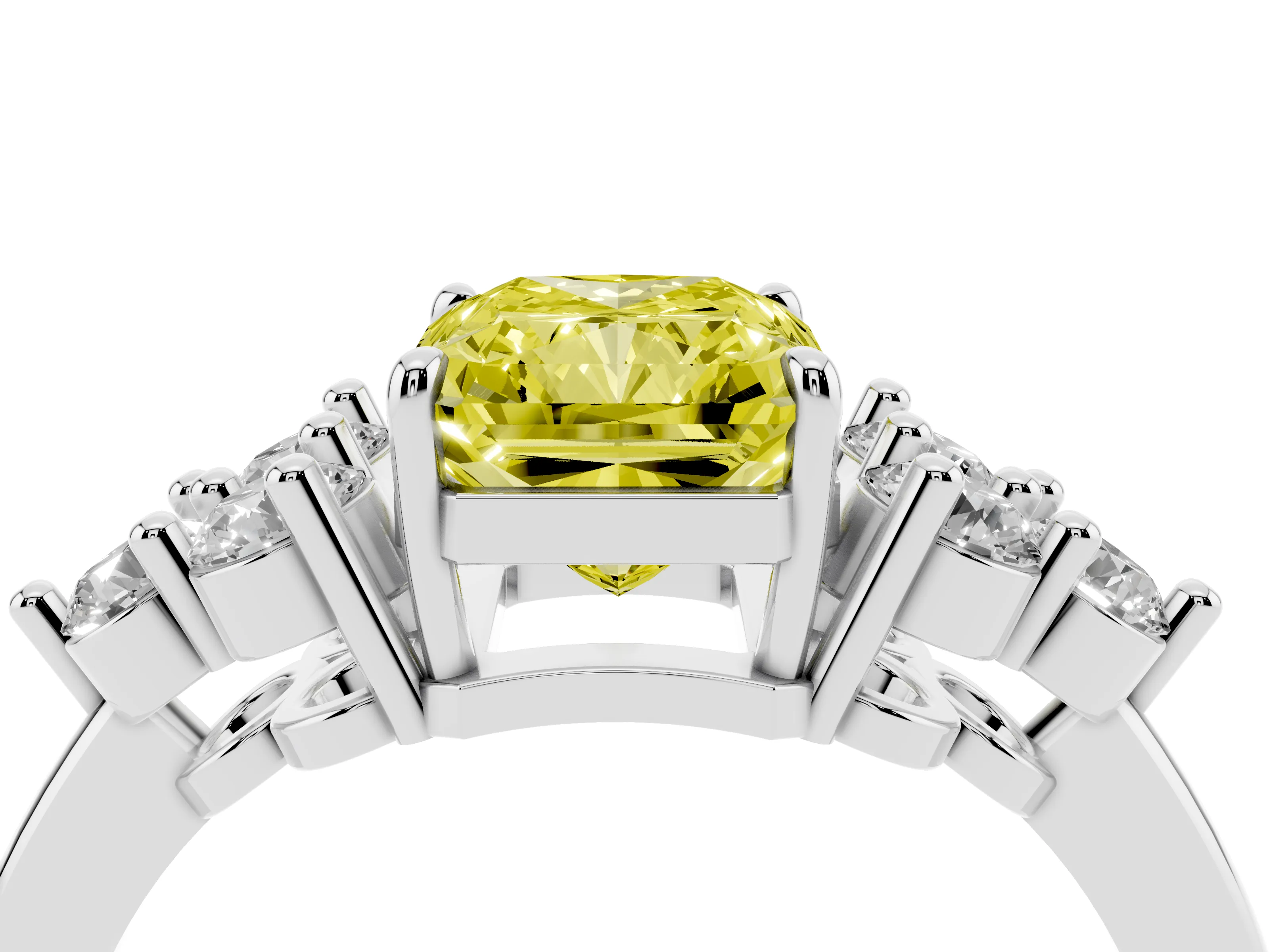 Fancy Yellow Radiant Cut Diamond Solitaire Ring Set in White gold with Cluster Accents on Each Side