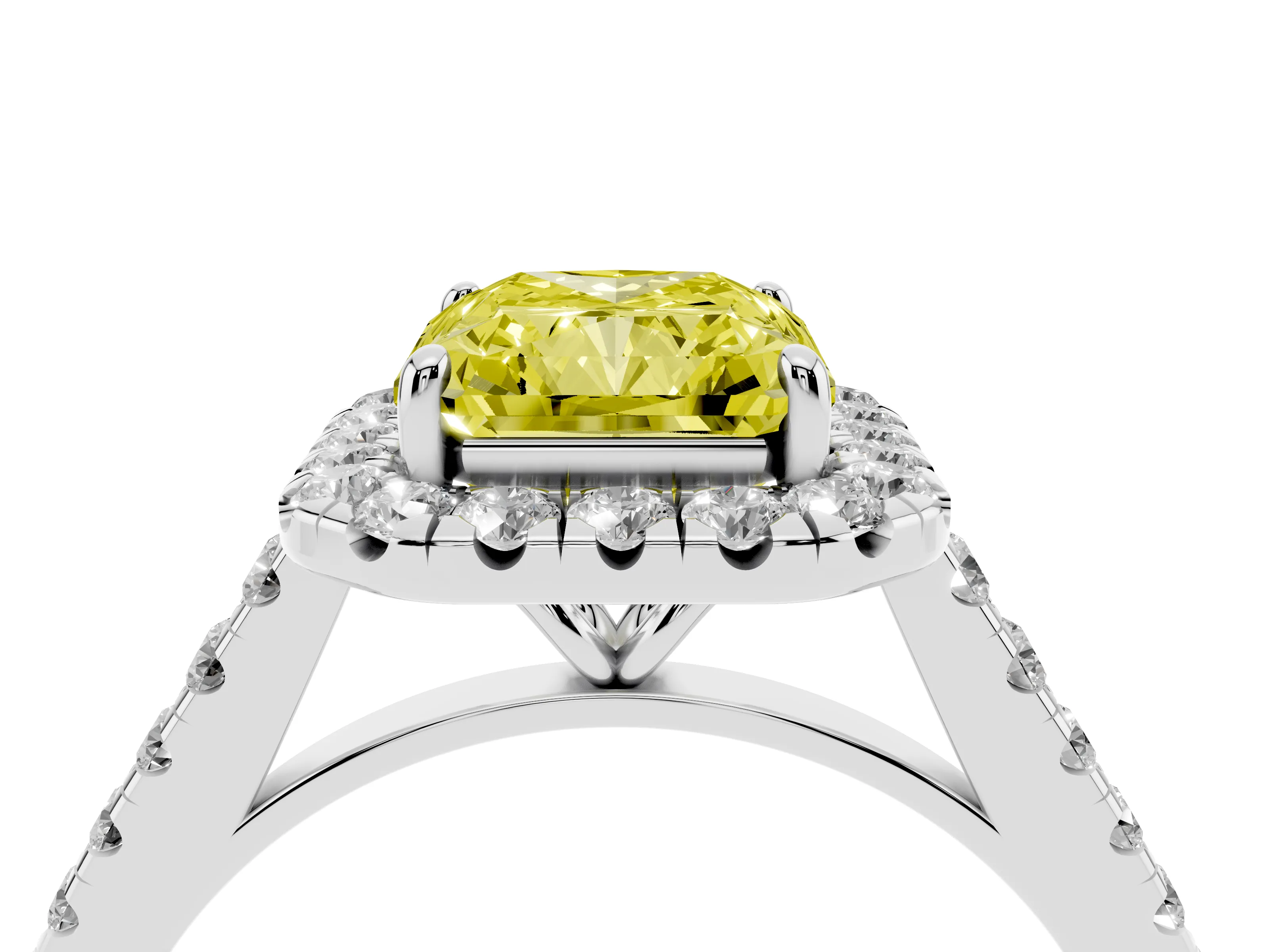 Fancy Yellow Radiant Cut Diamond Halo Pavé Engagement Ring Set in Silver with Prong Setting