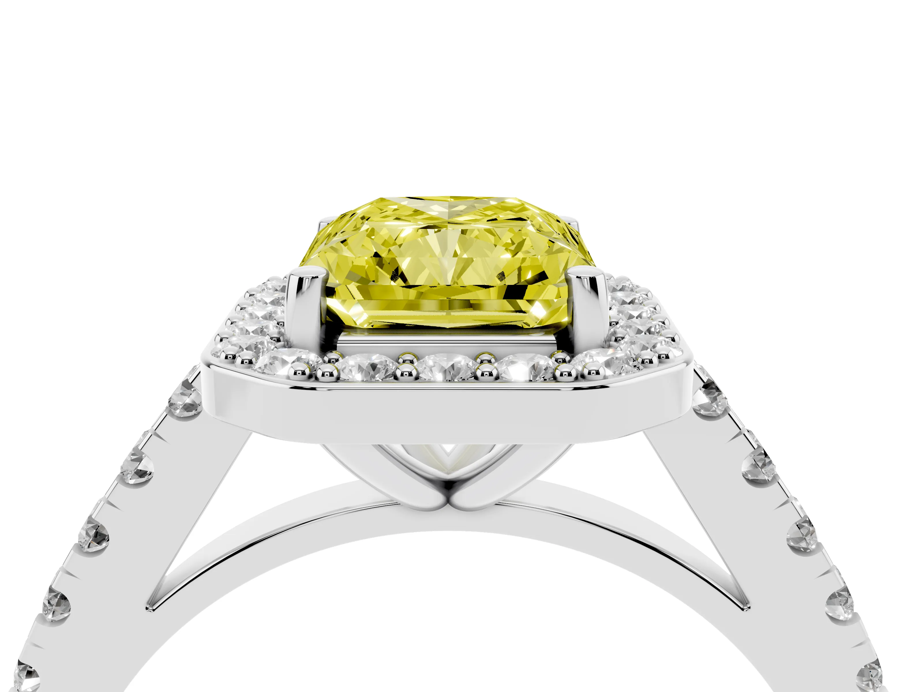 Fancy Yellow Radiant Cut Diamond Halo Ring Set in White gold with Round Pavé Split Shank and Prong Setting
