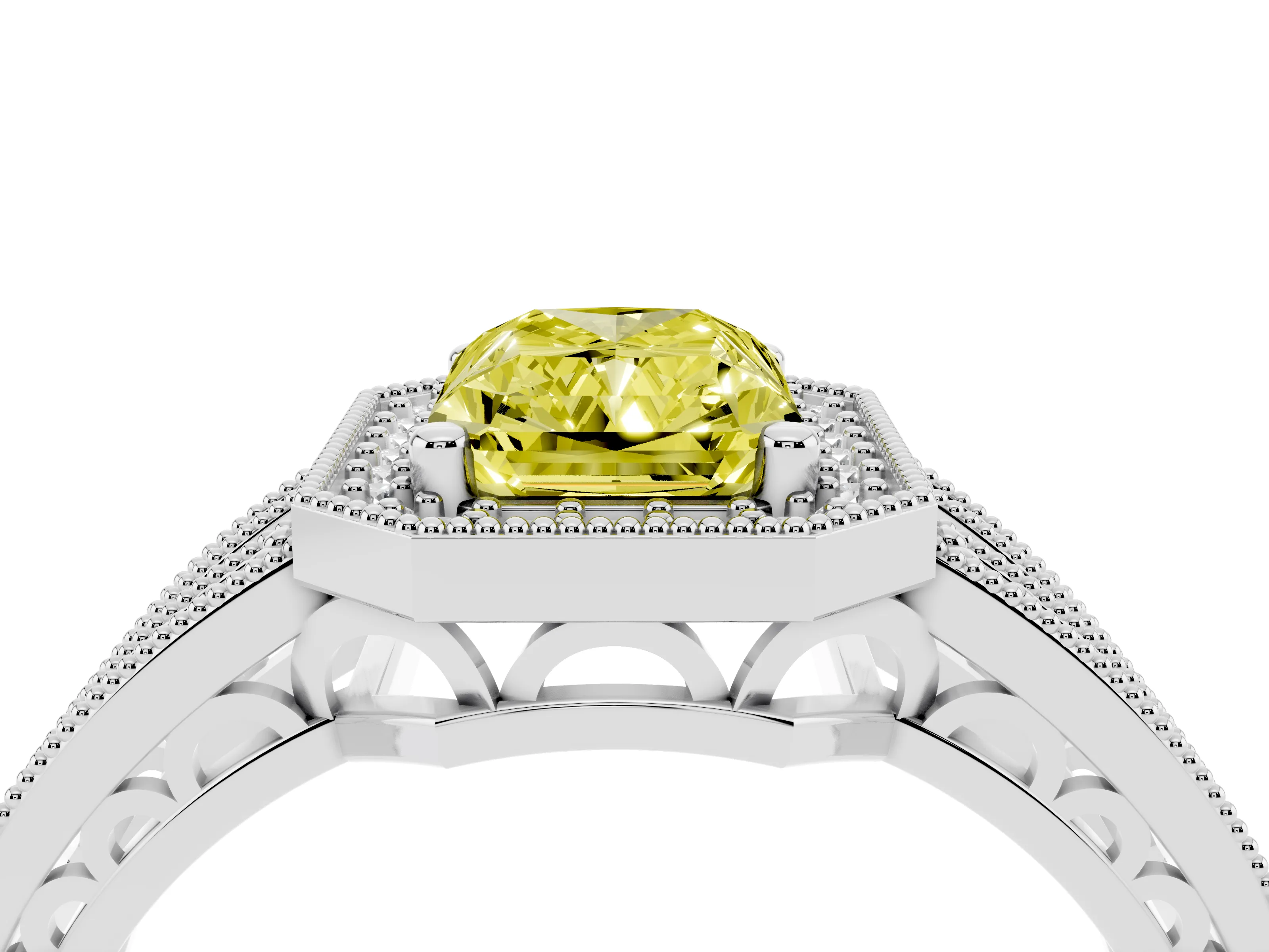 Fancy Yellow Radiant Cut Diamond Halo Ring Set in Platinum with Accent Split Shank and Prong Setting