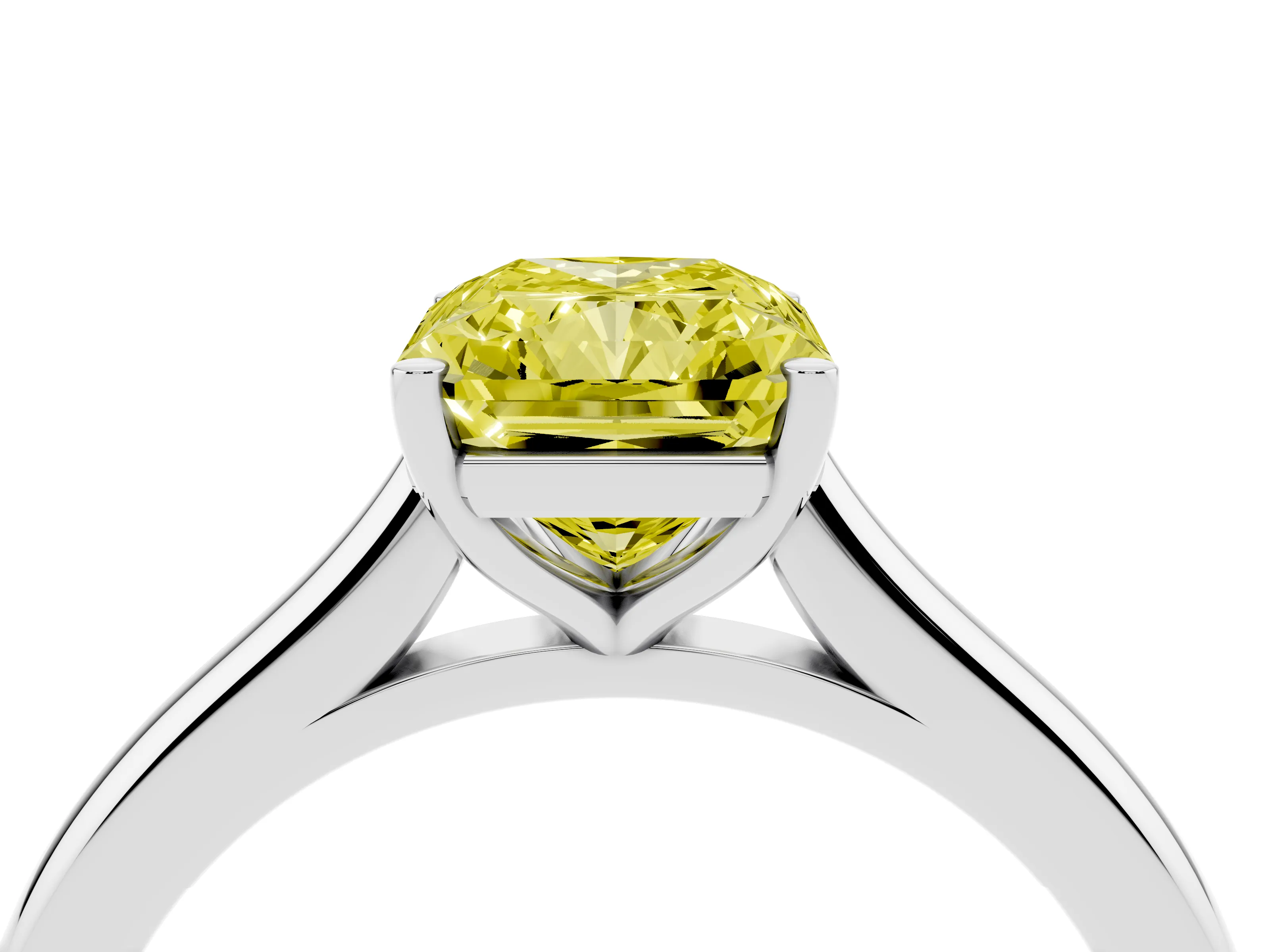 Fancy Yellow Radiant Cut Diamond Solitaire Ring Set in Platinum with Cathedral Band and Prong Setting