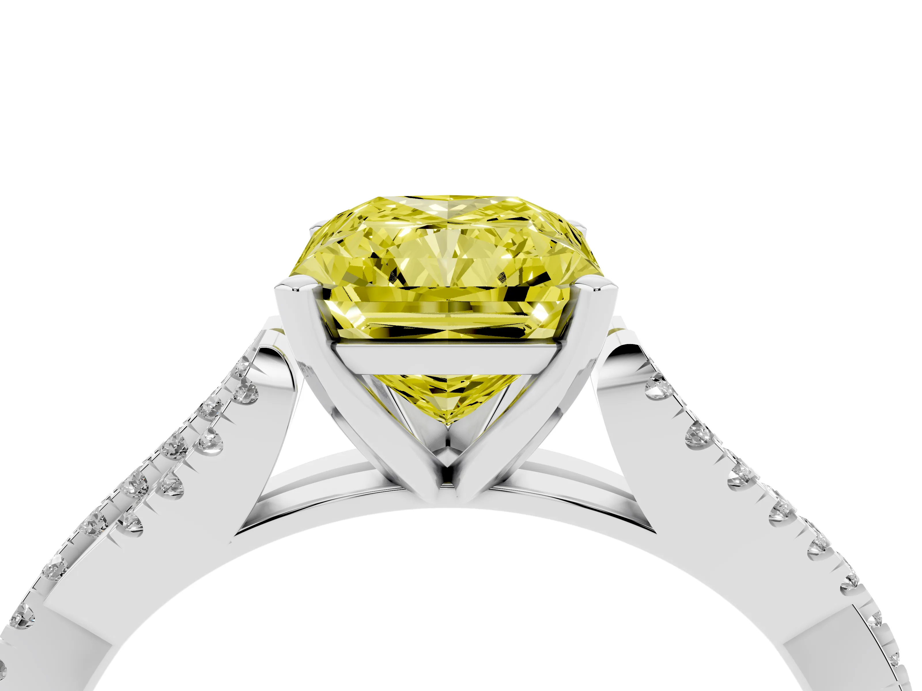 Fancy Yellow Radiant Cut Diamond Solitaire Engagement Ring Set in Platinum with Twisted Pavé Band and Prong Setting