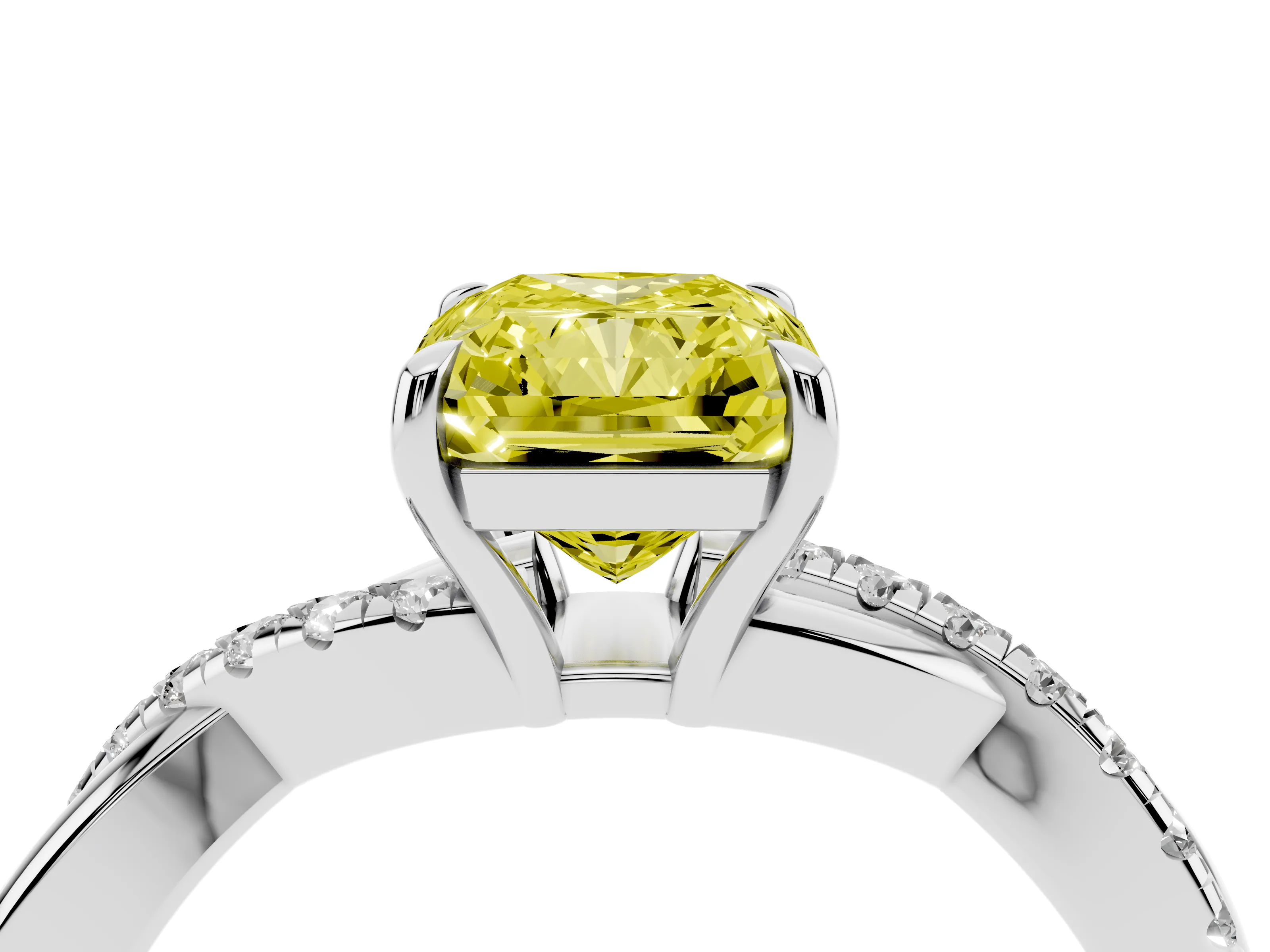 Fancy Yellow Radiant Cut Diamond Twisted Pavé Band Ring Set in Silver with Prong Setting