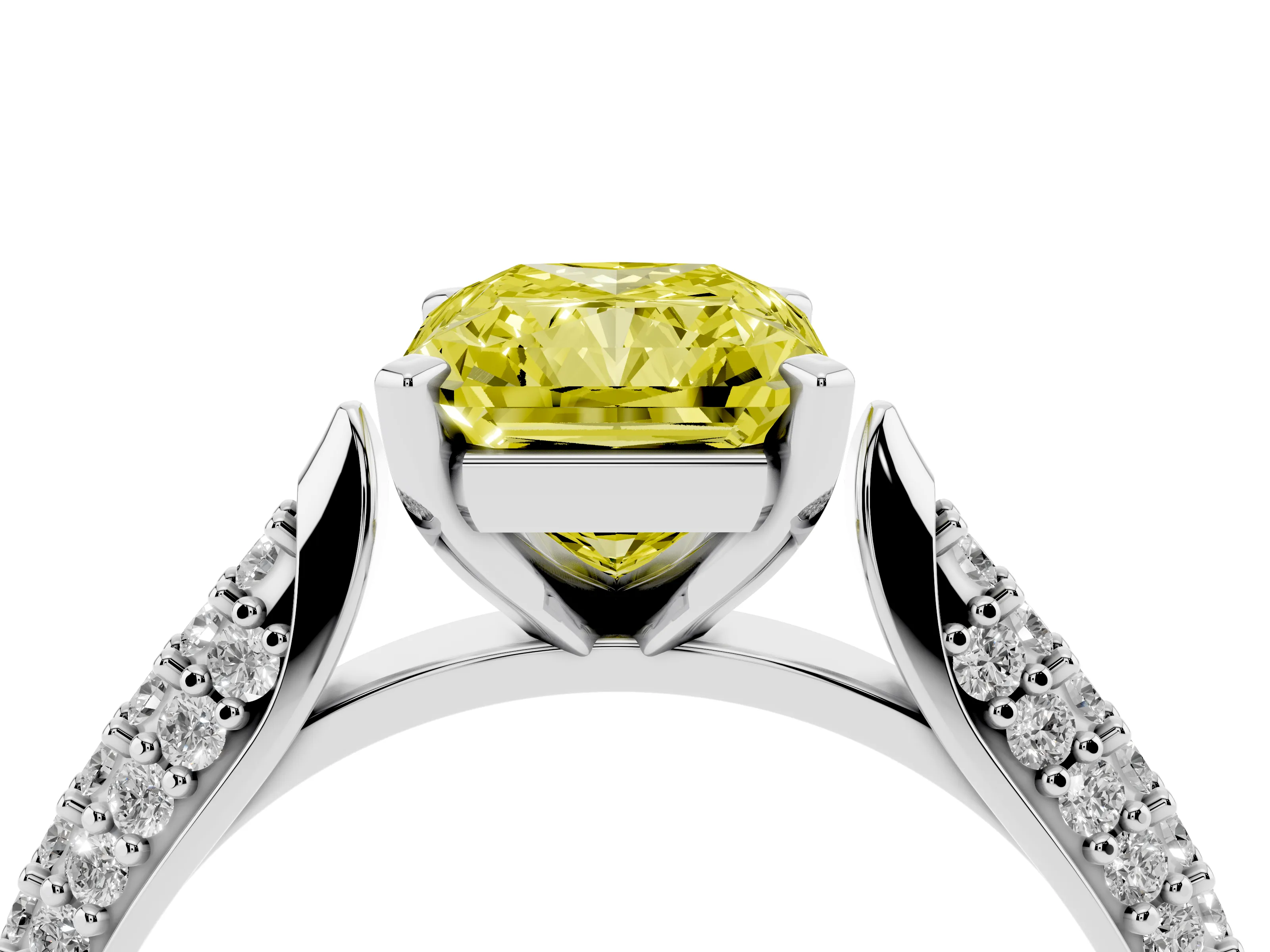Fancy Yellow Radiant Cut Diamond Solitaire Engagement Ring Set in Platinum with Multi-Row Round Pavé Band and Prong Setting