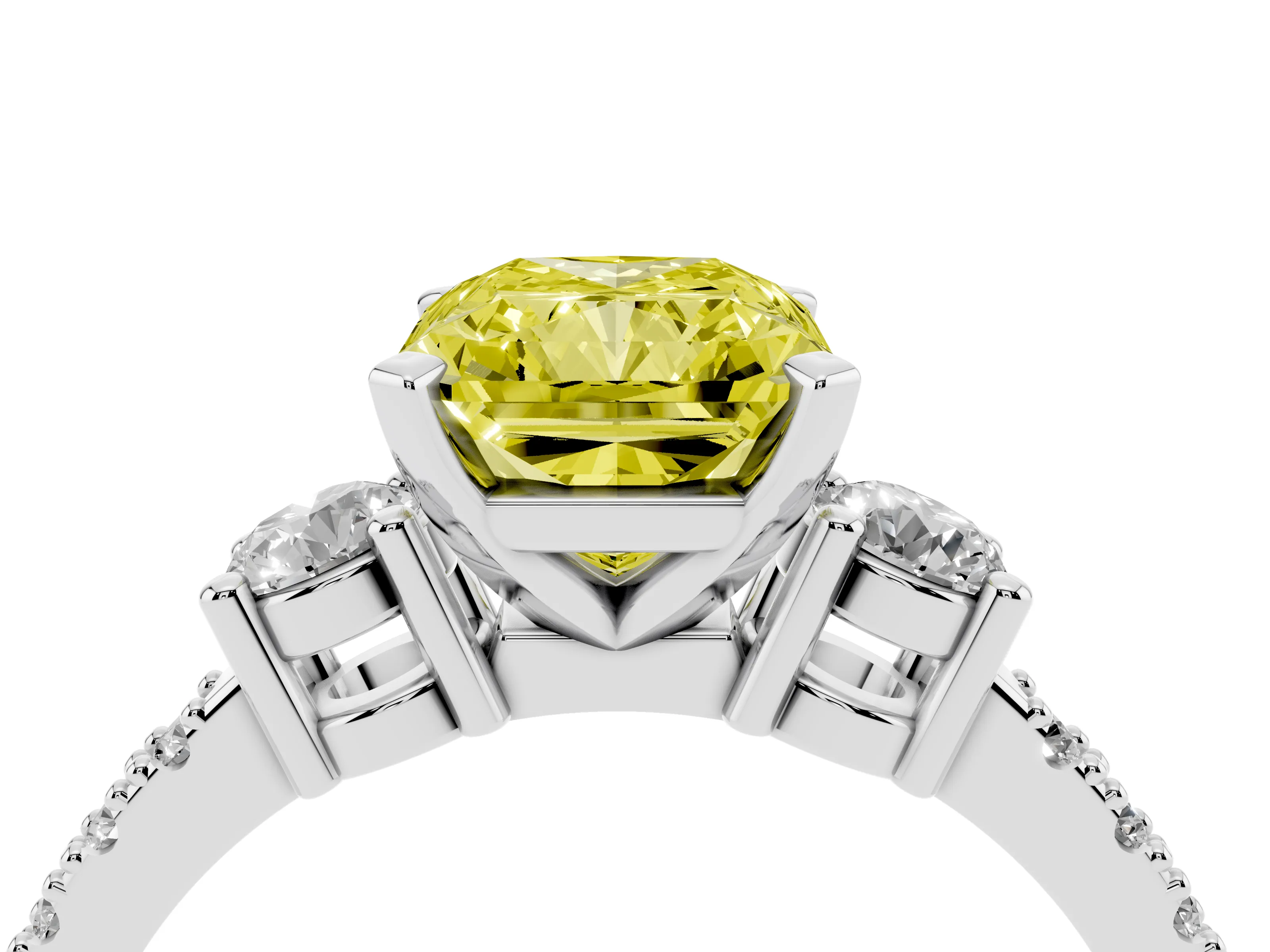 Fancy Yellow Three-Stone Radiant Cut Diamond Pavé Band Ring Set in Platinum with Prong Setting