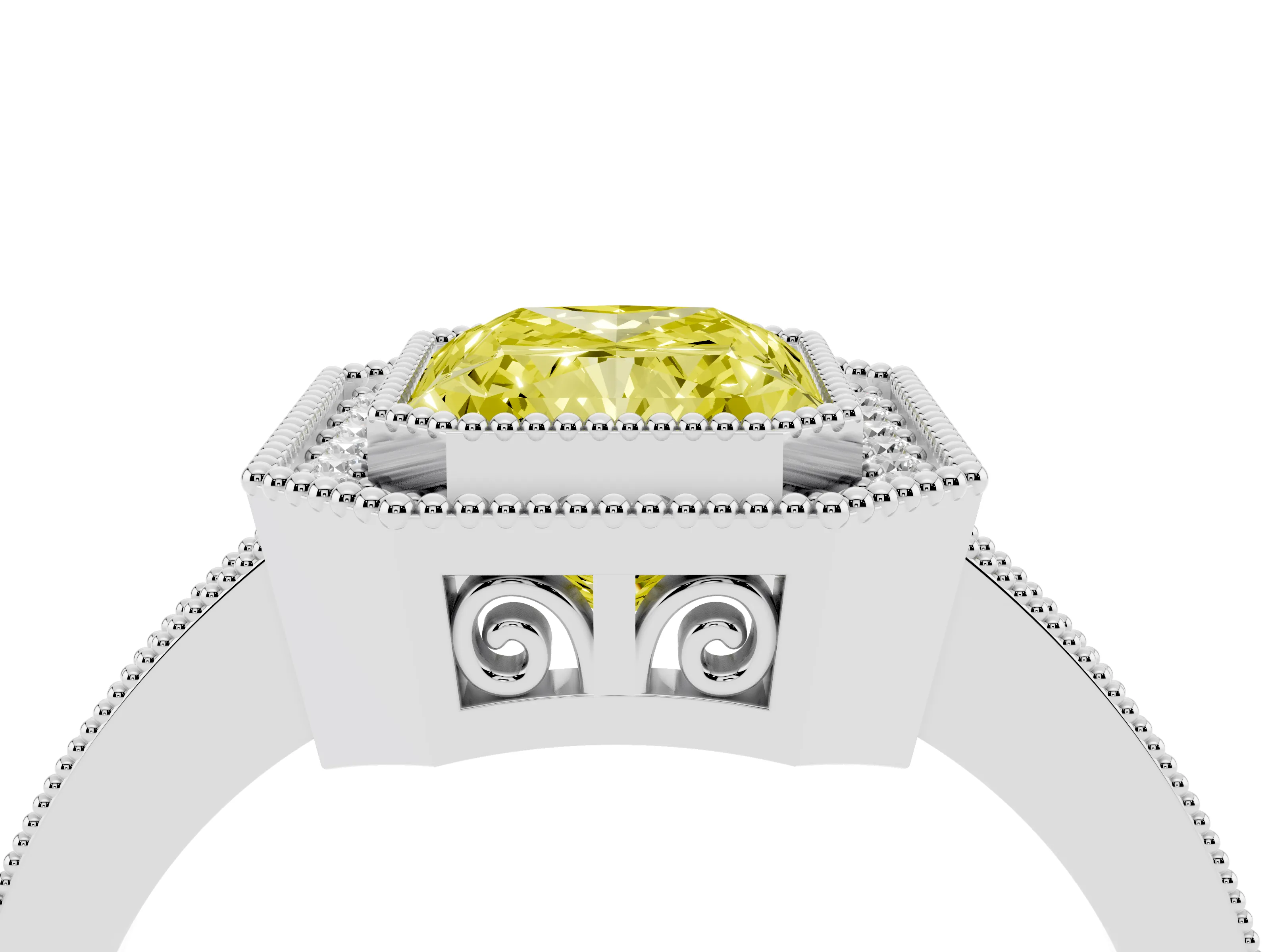 Fancy Yellow Radiant Cut Diamond Round Halo Ring Set in White gold with Pavé Band