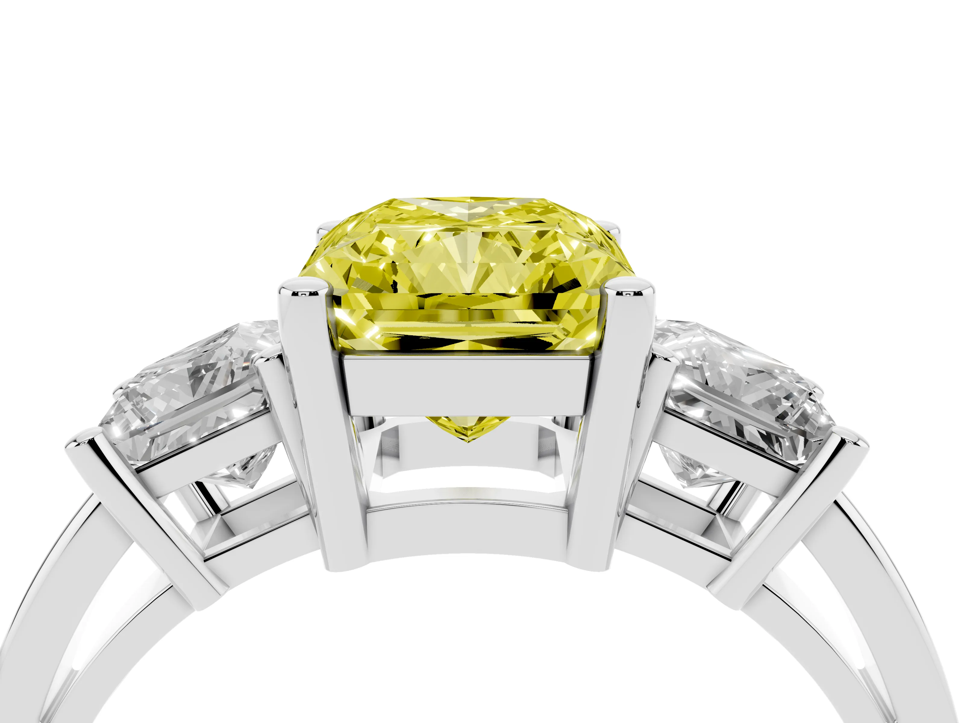 Fancy Yellow Three-Stone Radiant Cut Diamond Solitaire Ring Set in Platinum with Prong Setting