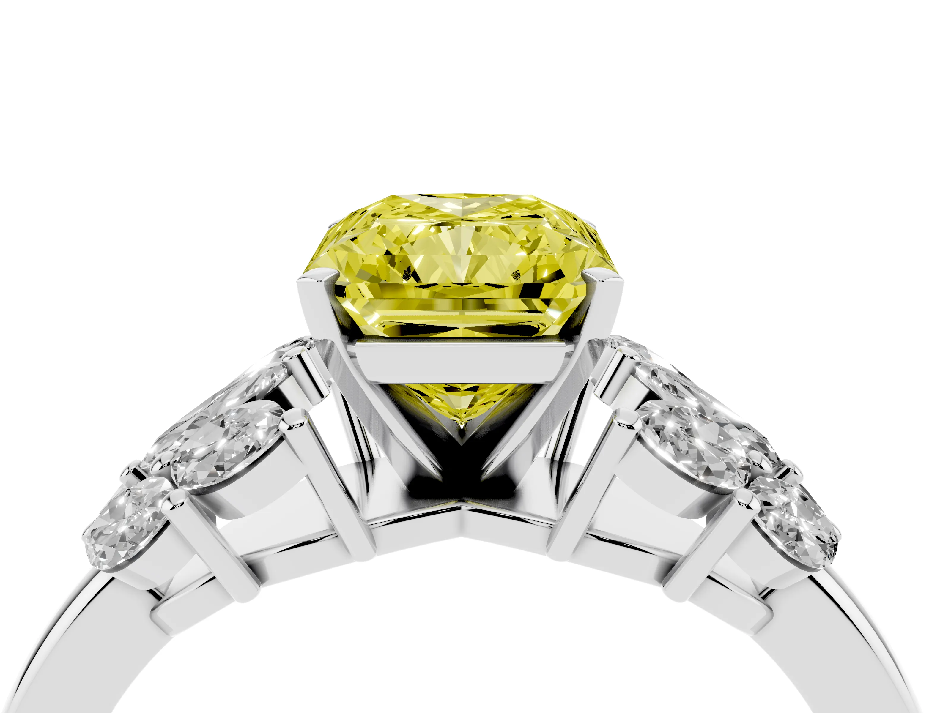 Fancy Yellow Radiant Cut Diamond Cluster Leaf Design Ring Set in White gold with Prong Setting