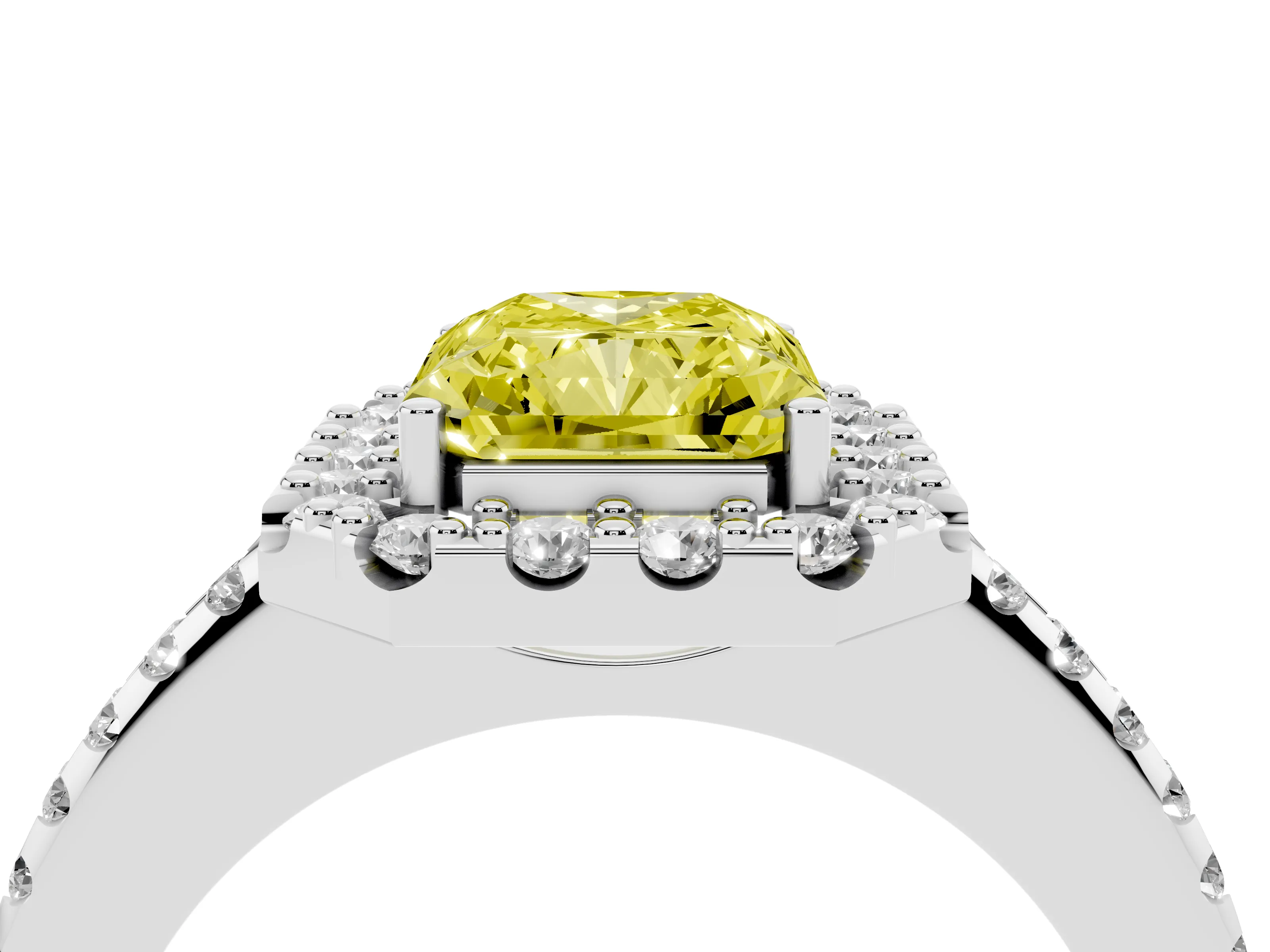 Fancy Yellow Radiant Cut Diamond Pavé Halo Ring Set in Platinum with Prong Setting