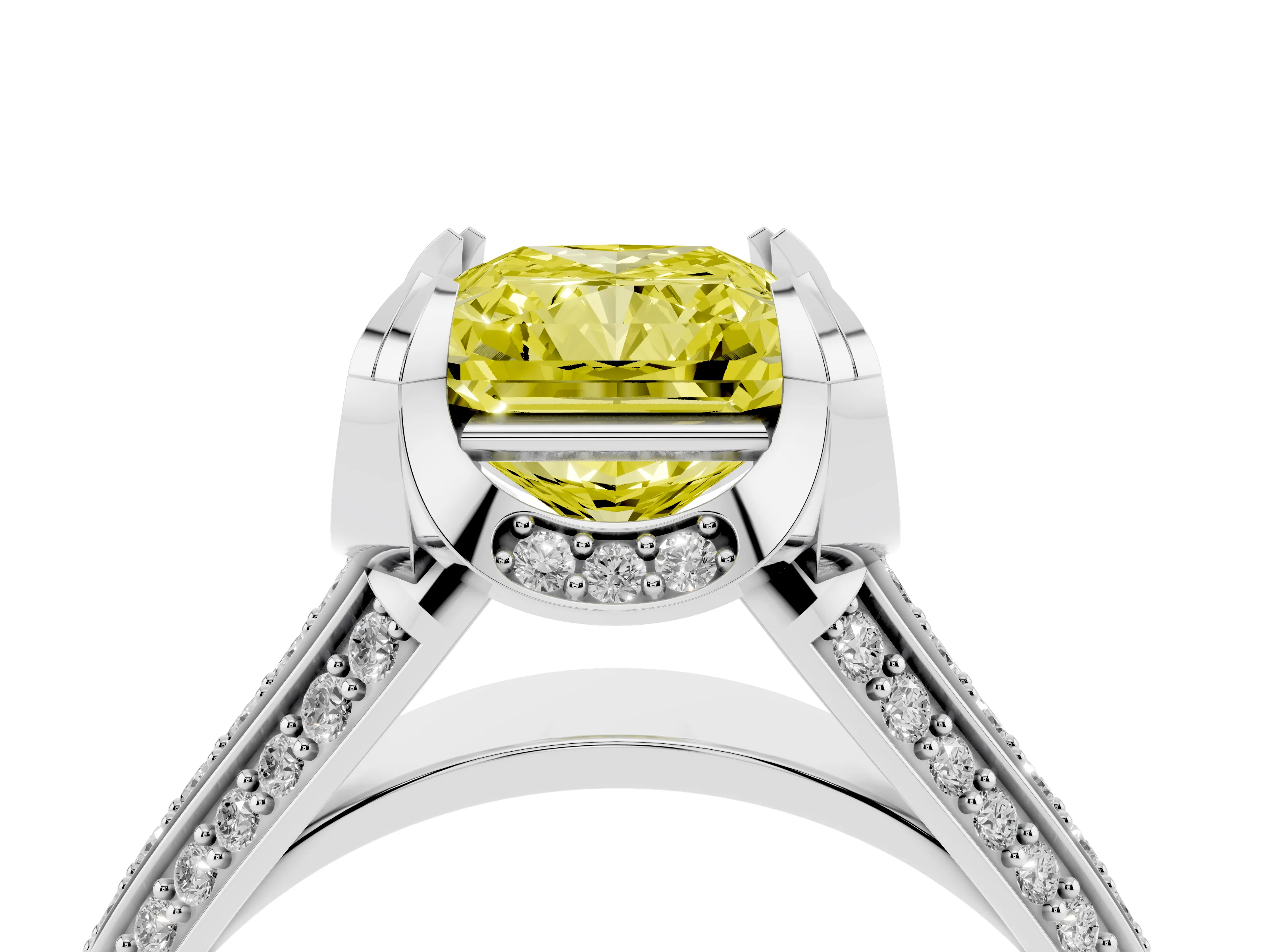 Fancy Yellow Radiant Cut Diamond Pavé Split Shank Solitaire Ring Set in Silver with Prong Setting