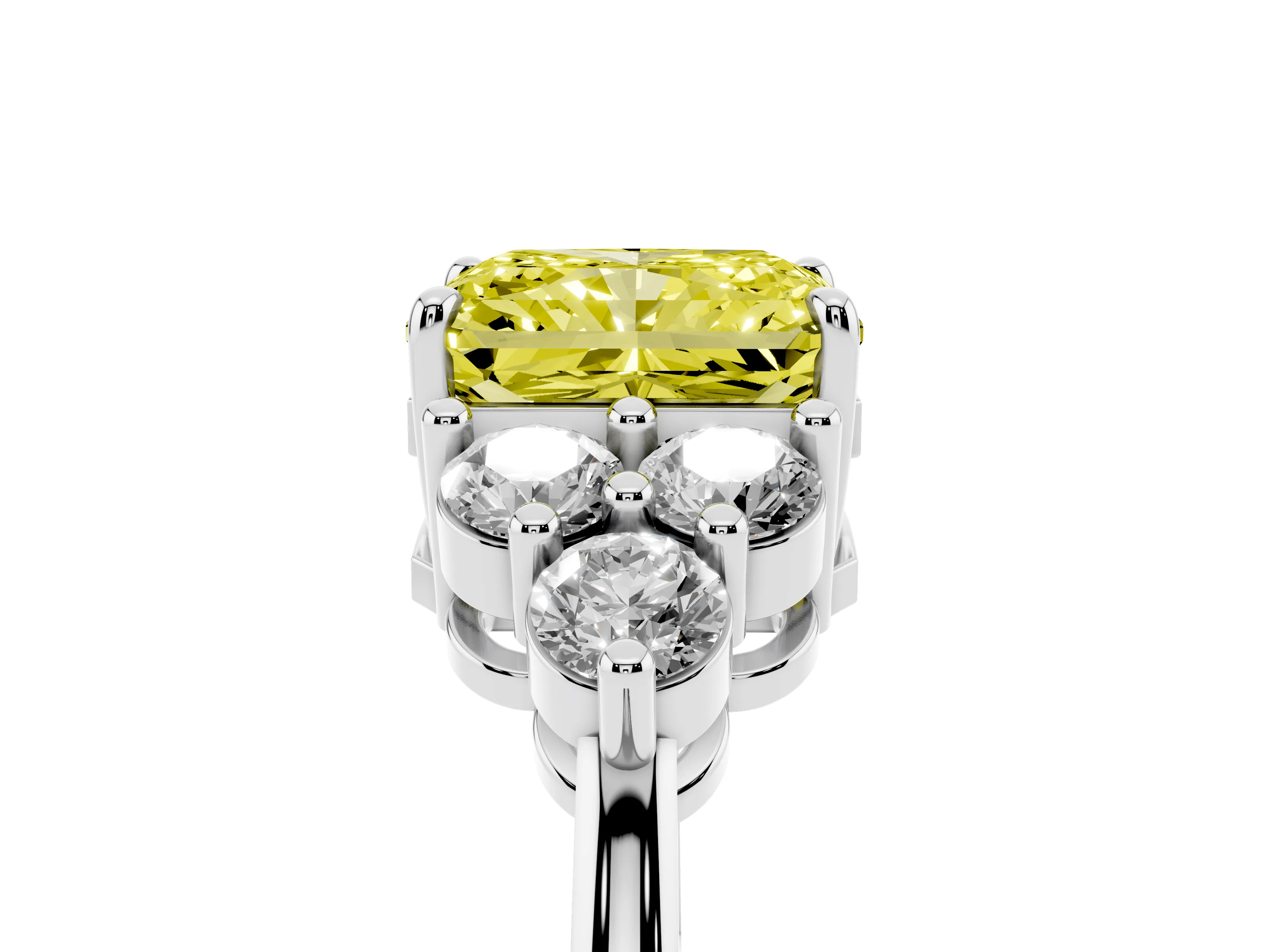 Fancy Yellow Radiant Cut Diamond Solitaire Ring Set in White gold with Cluster Accents on Each Side