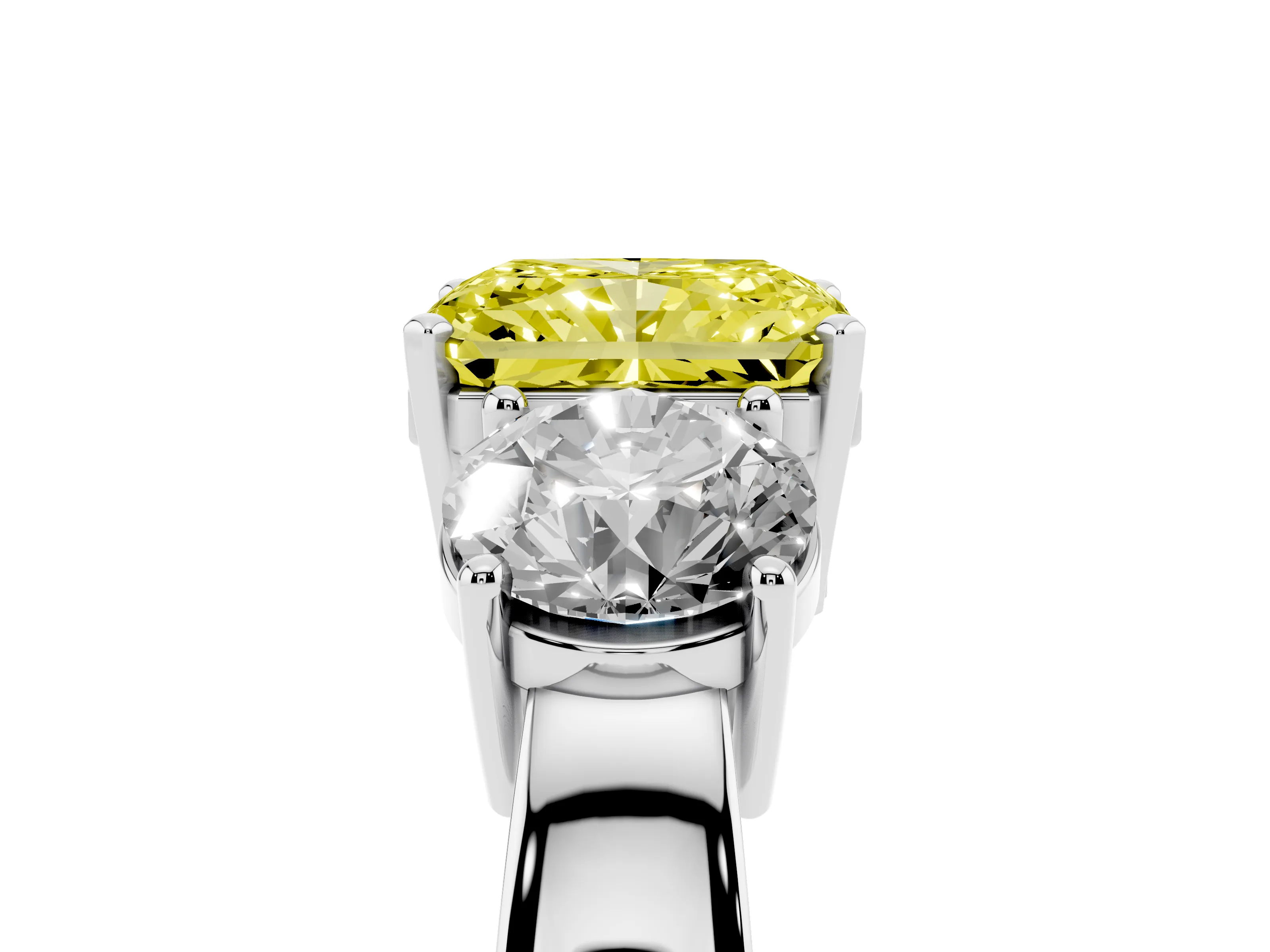 Fancy Yellow Radiant Cut Diamond Three-Stone Ring Set in Silver with Round Side Stones and Classic Band