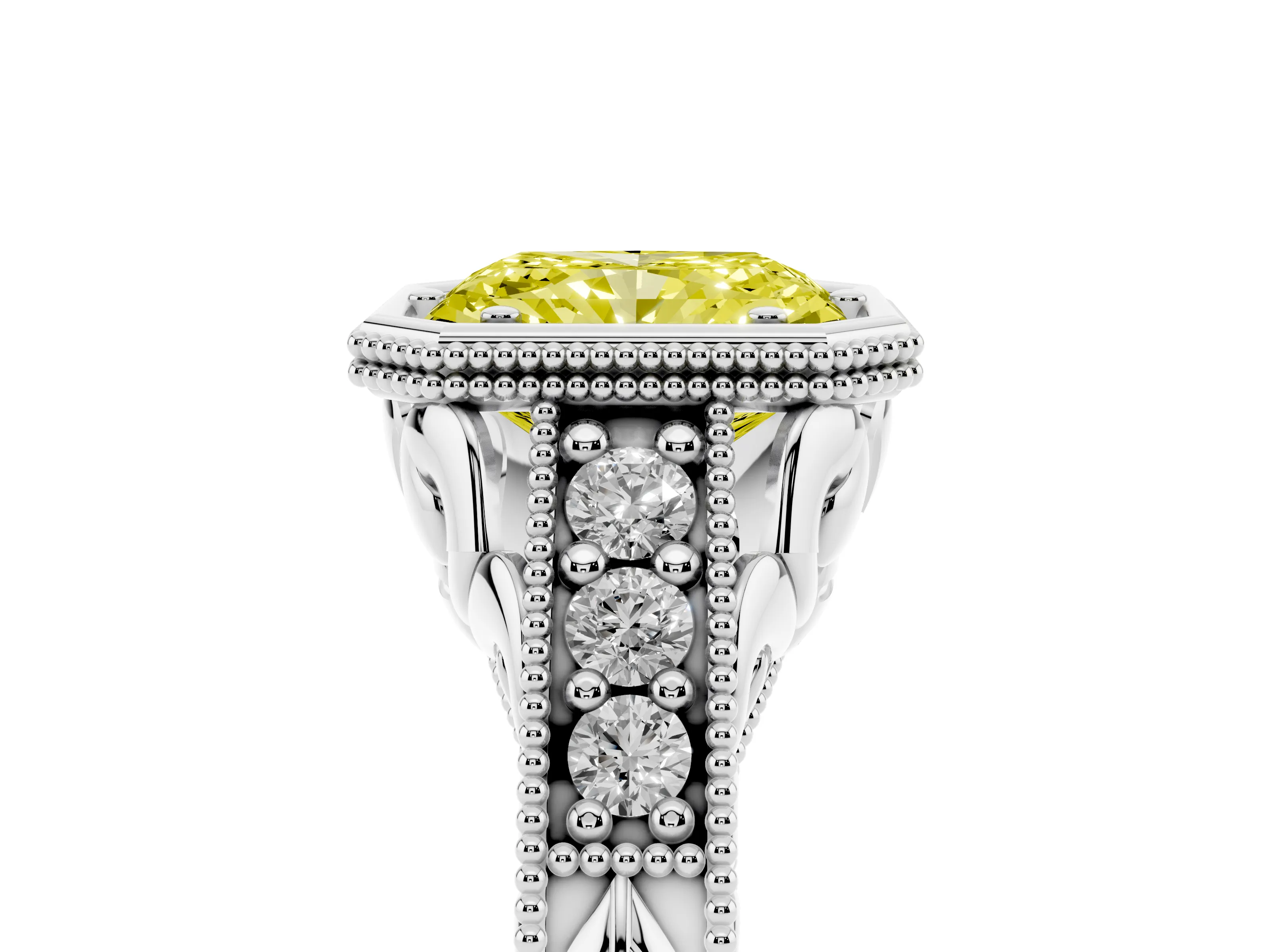 Fancy Yellow Bezel Set Radiant Cut Diamond Milgrain Pavé Engagement Ring Set in Silver
