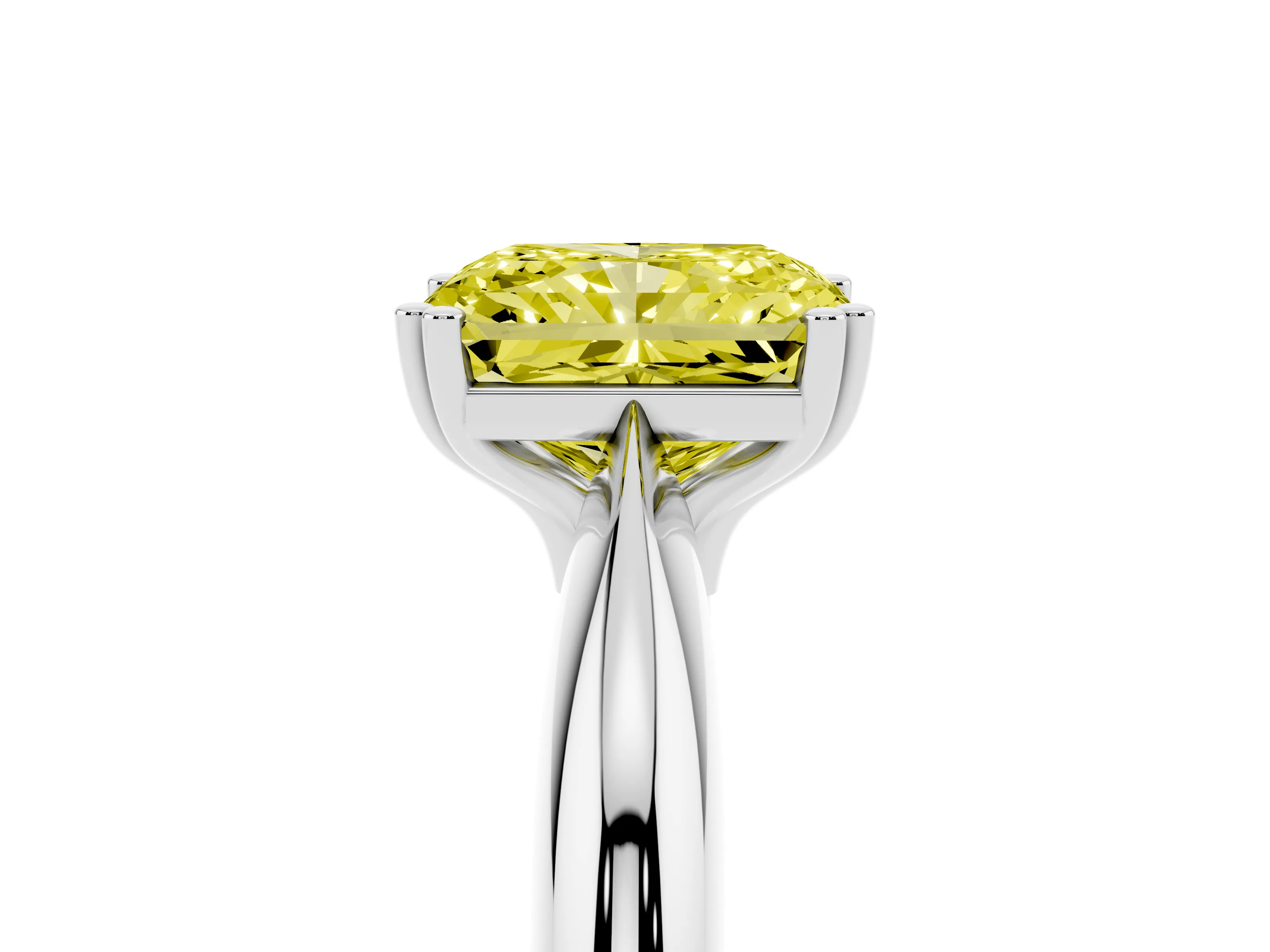 Fancy Yellow Radiant Cut Diamond Solitaire Engagement Ring Set in White gold with Tapered Band and Prong Setting