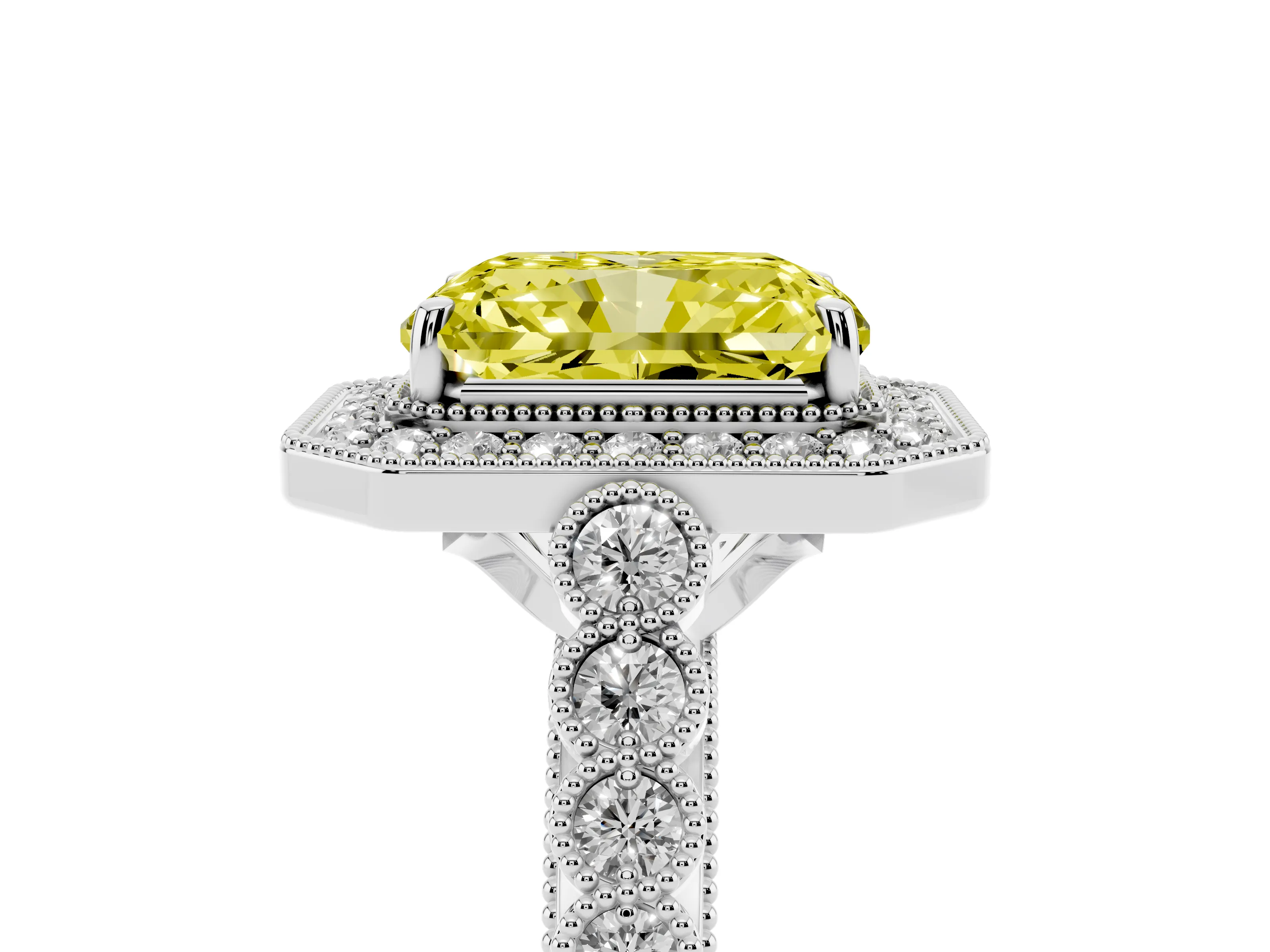 Fancy Yellow Radiant Cut Diamond Milgrain Halo Solitaire Ring Set in White gold with Bezel Set Side Stones and Pavé Band