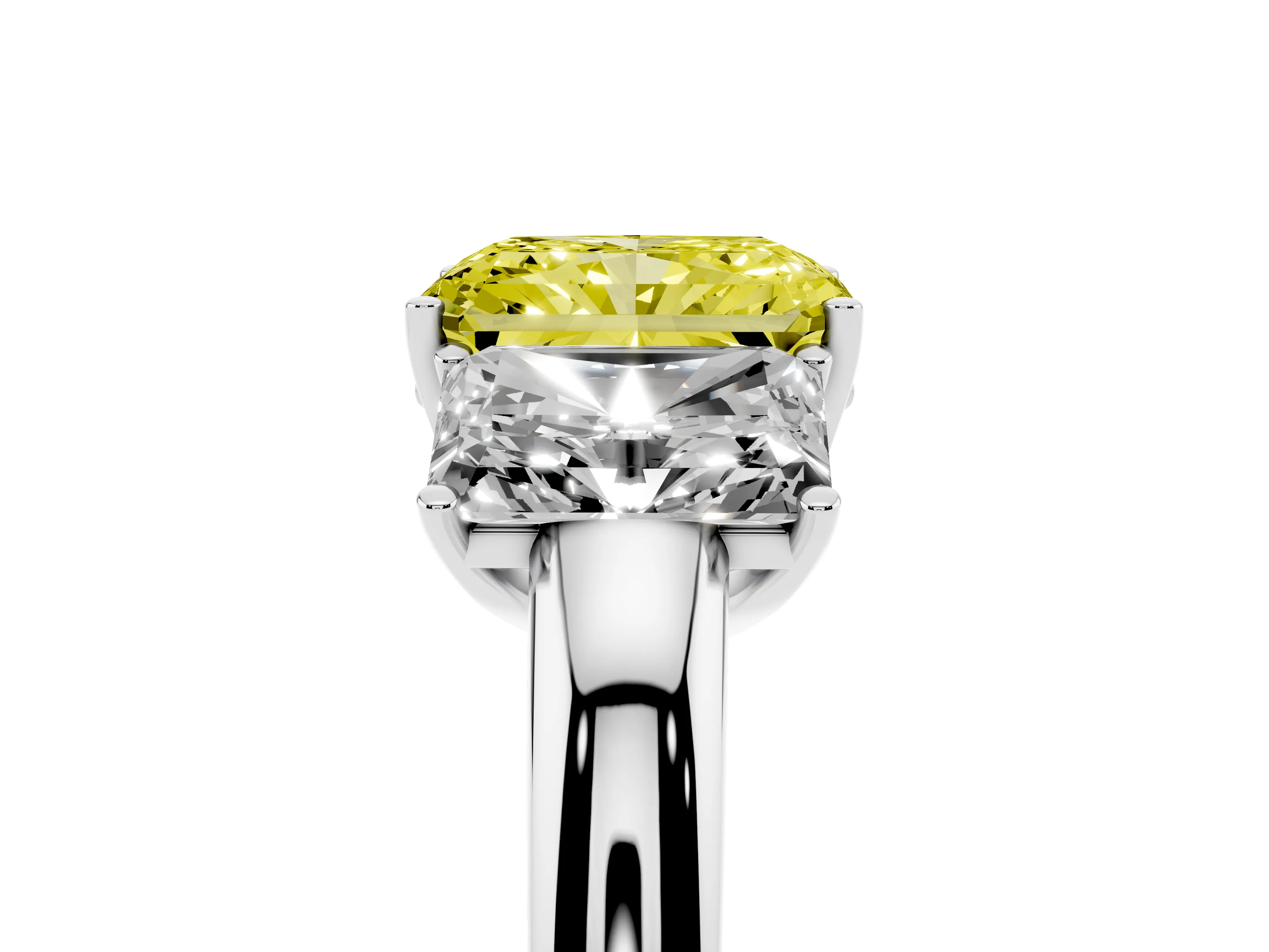 Fancy Yellow Radiant Cut Diamond Three-Stone Ring Set in White gold with Bold Center and Classic Band