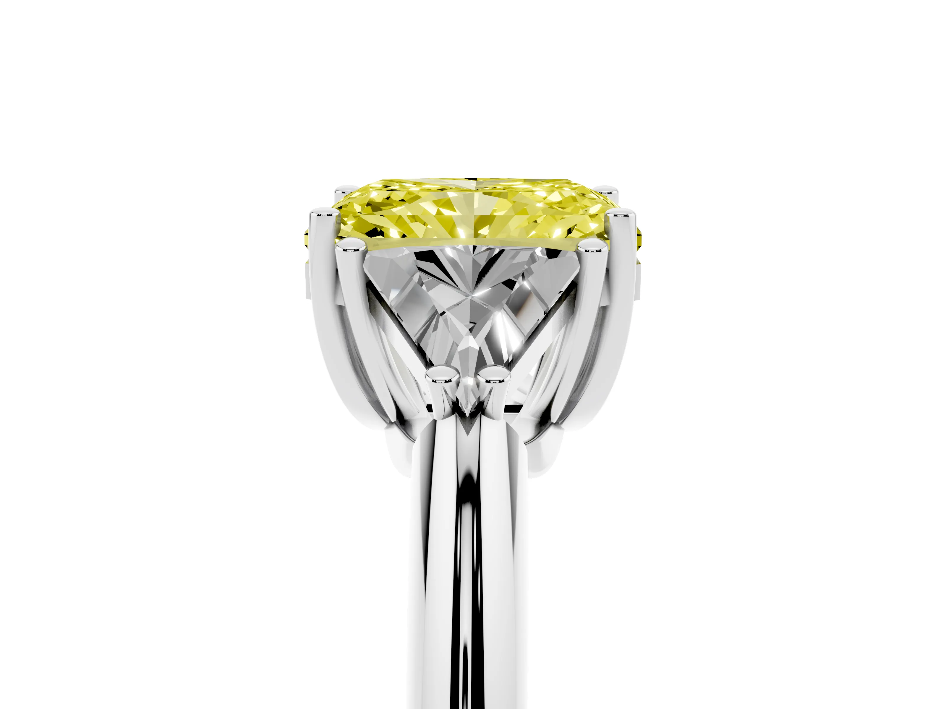 Fancy Yellow Radiant Cut Diamond Three-Stone Engagement Ring Set in Platinum with Trillion Side Stones
