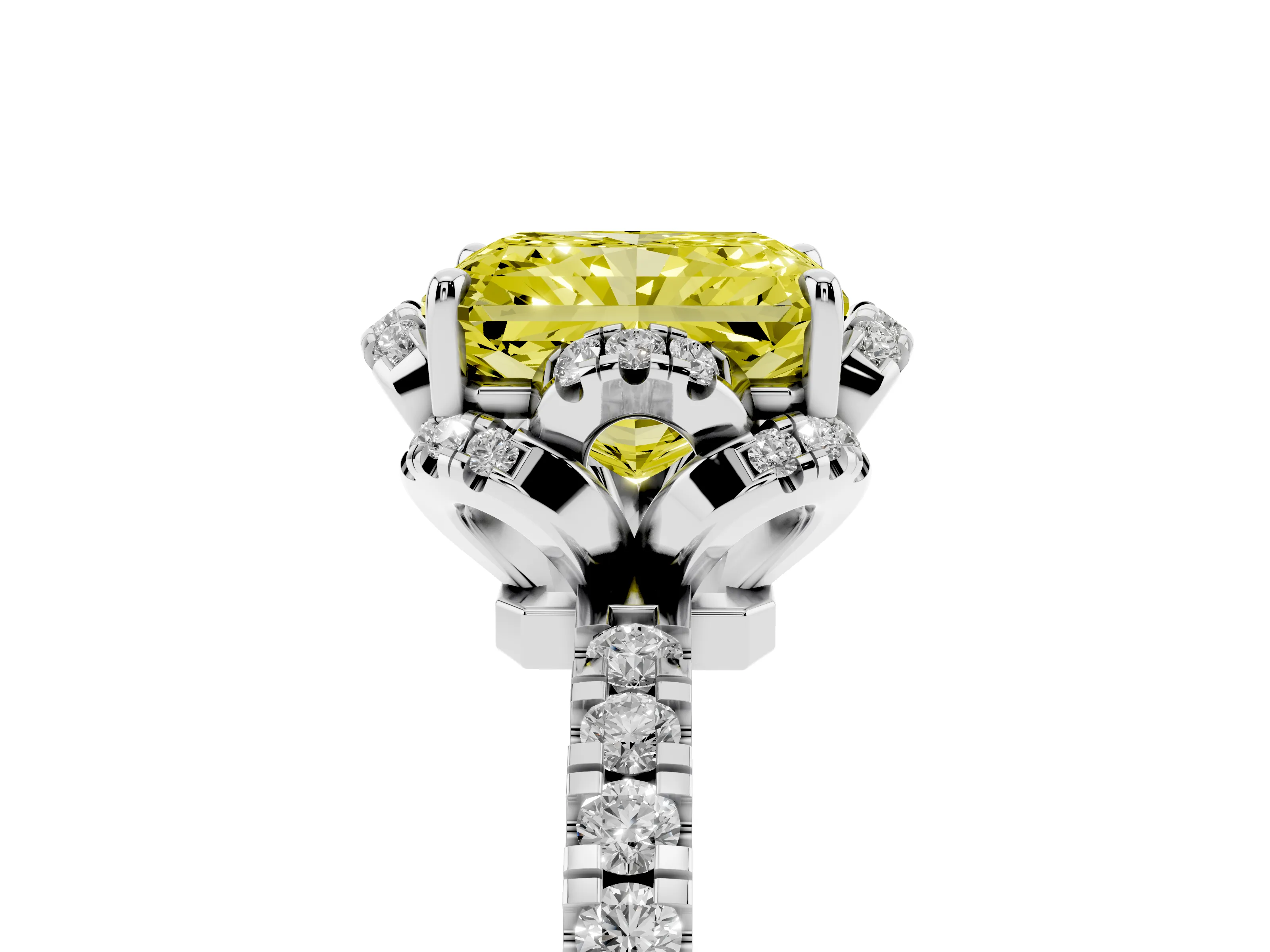 Fancy Yellow Radiant Cut Diamond Halo Pavé Band Ring Set in White gold with Prong-Held Center