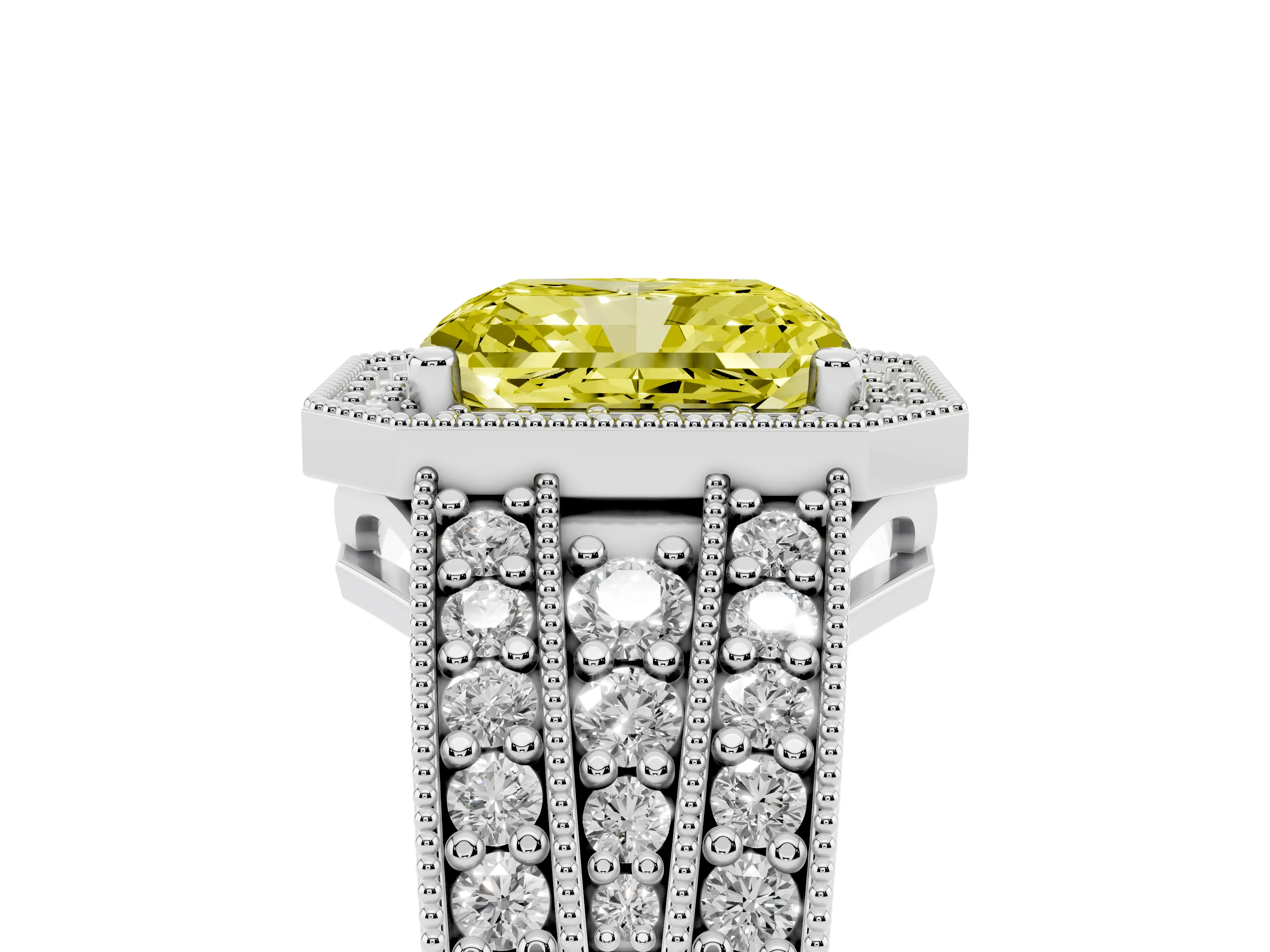 Fancy Yellow Radiant Cut Diamond Halo Ring Set in Platinum with Accent Split Shank and Prong Setting