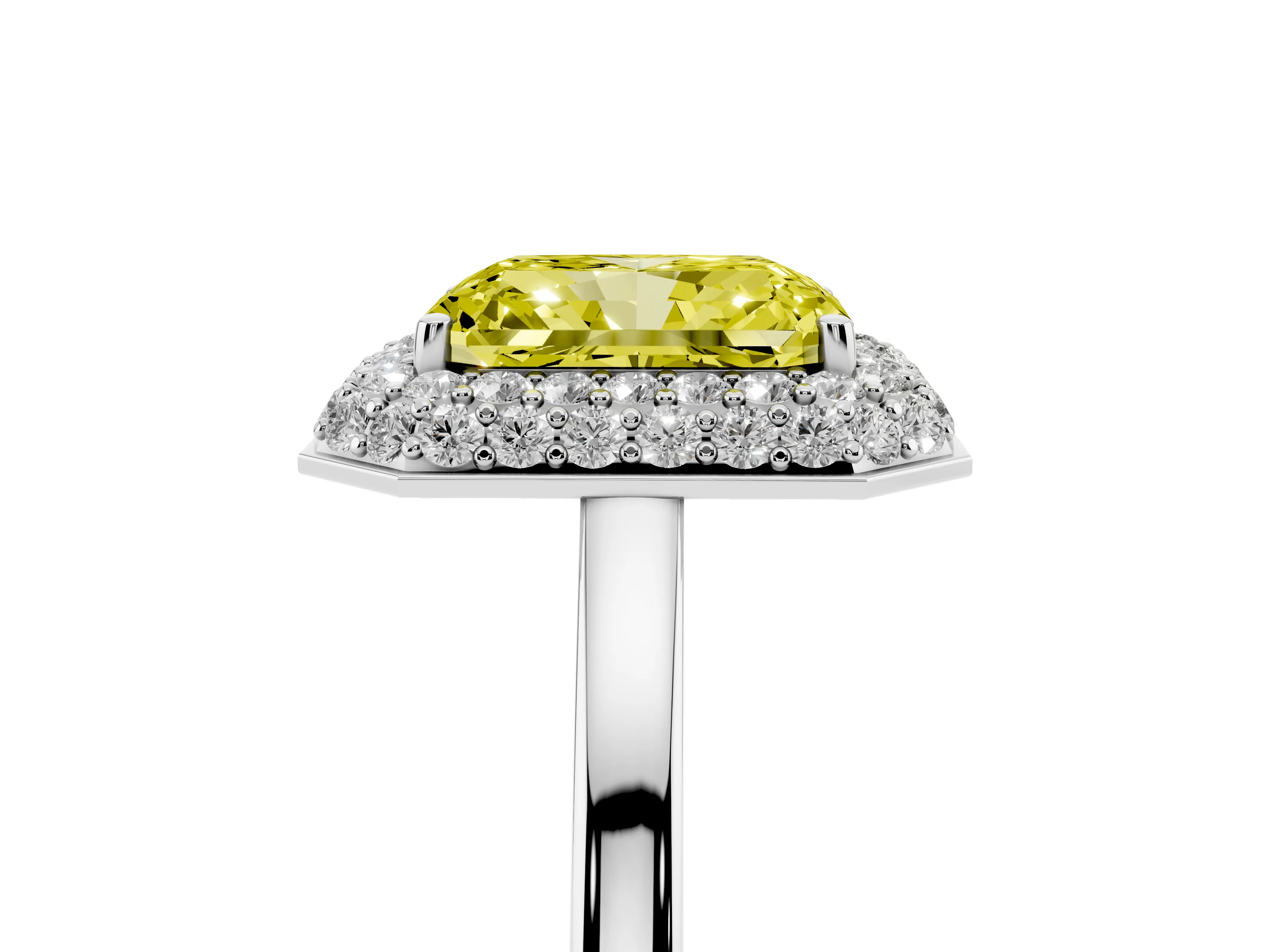 Fancy Yellow Radiant Cut Diamond Halo Engagement Ring Set in Platinum with Solitaire Band and Prong Setting