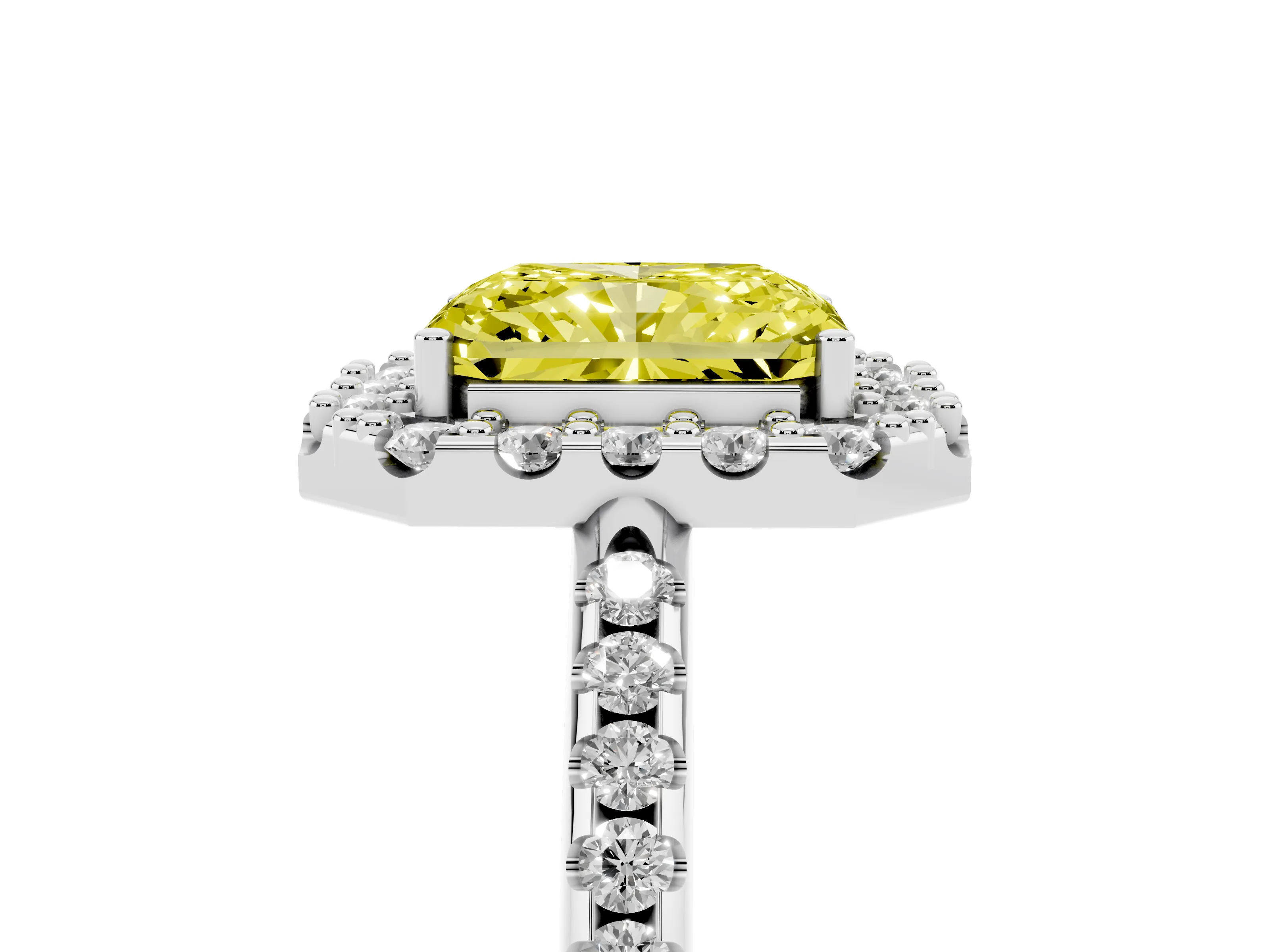 Fancy Yellow Radiant Cut Diamond Pavé Halo Ring Set in Platinum with Prong Setting