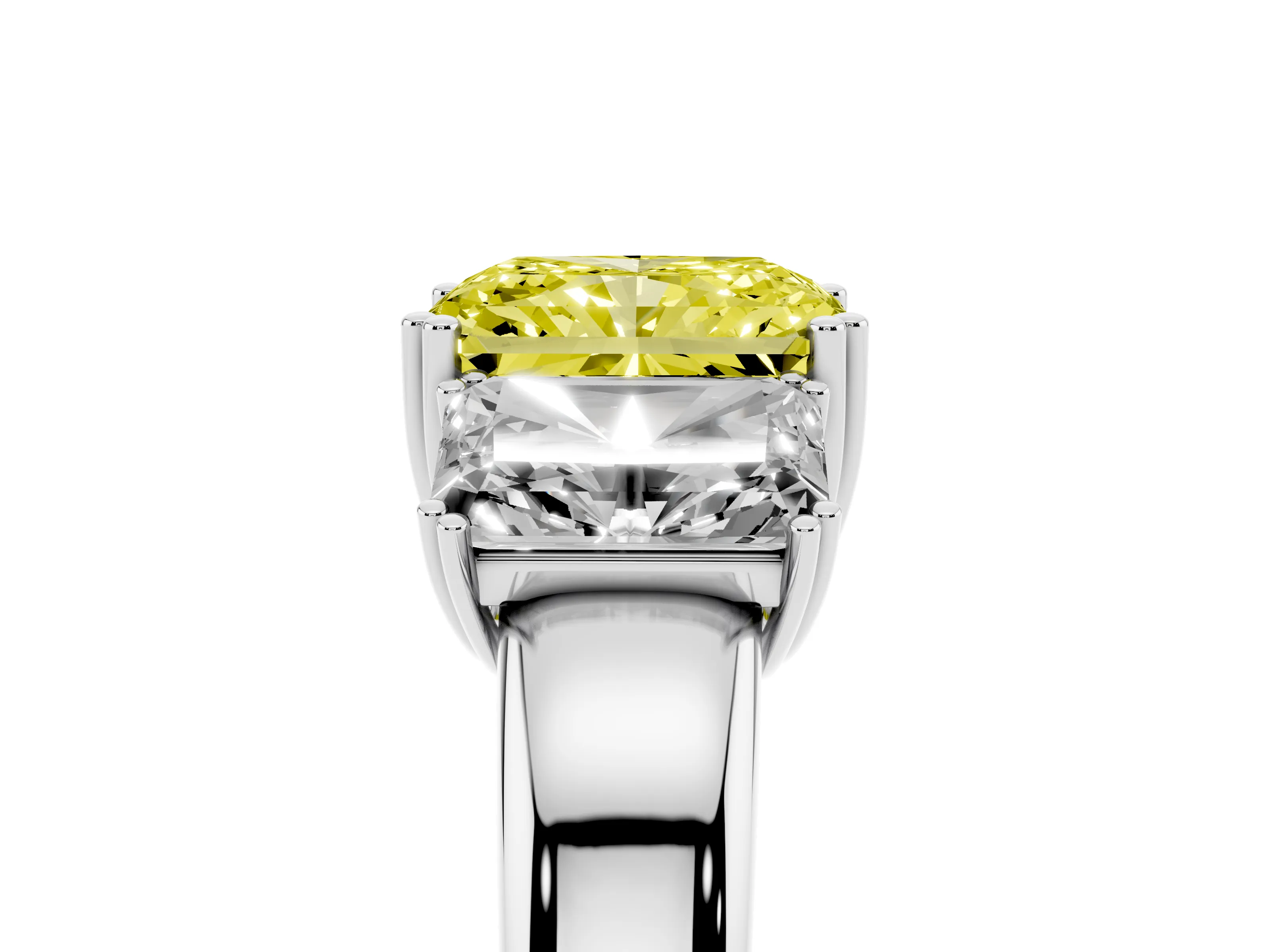 Fancy Yellow Radiant Cut Diamond Three-Stone Ring Set in Platinum with Polished Channel-Set Band