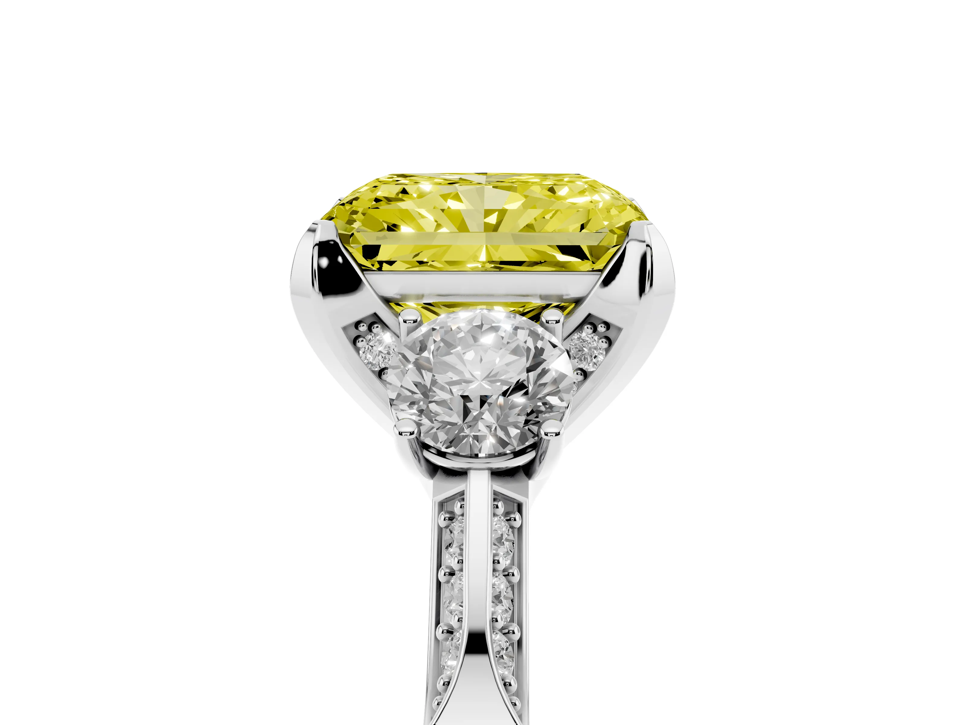 Fancy Yellow Radiant Cut Diamond Three-Stone Ring Set in White gold with Pavé Band and Smaller Side Stones