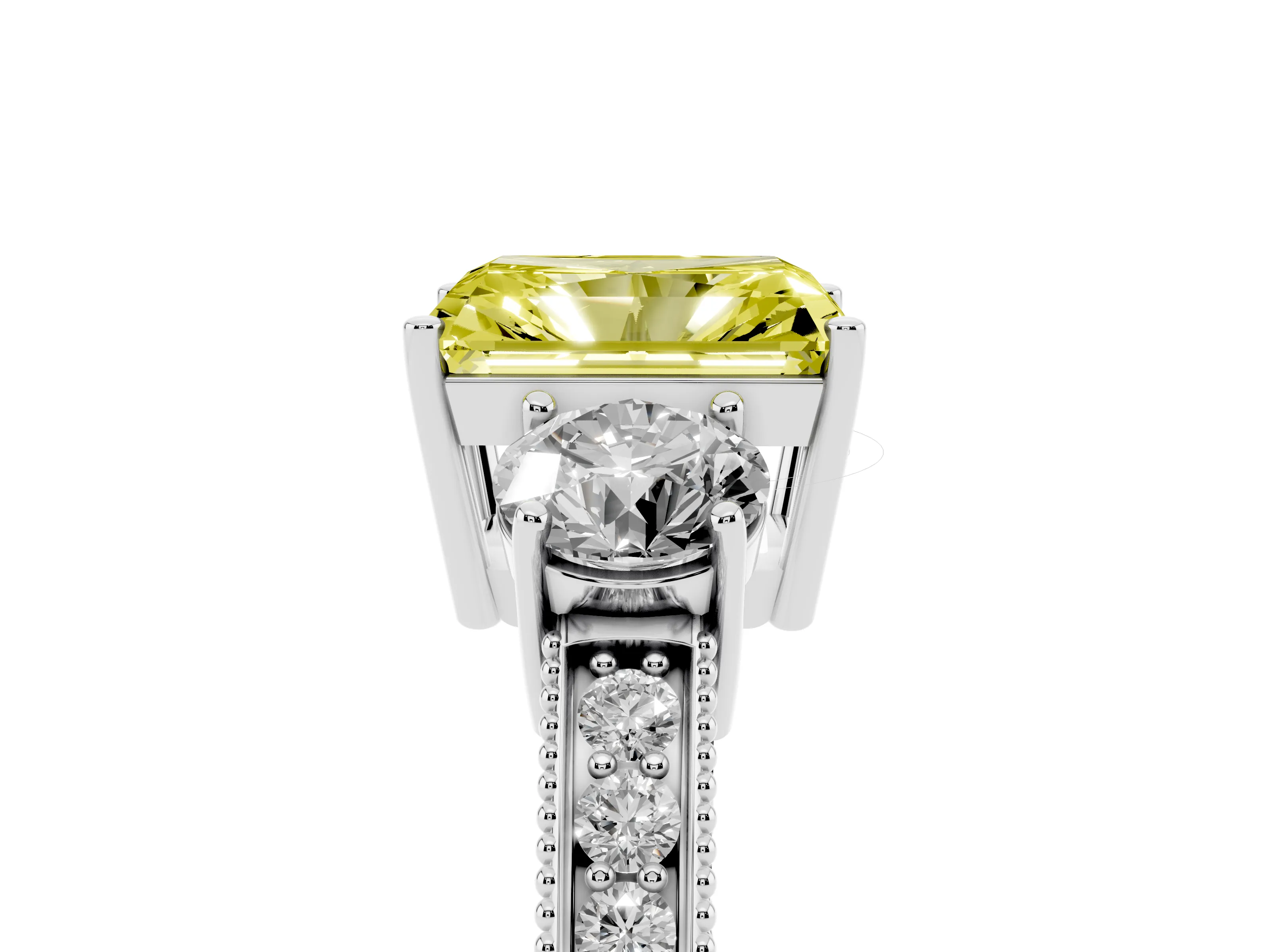 Fancy Yellow Radiant Cut Diamond Three-Stone Ring Set in Silver with Round Side Stones and Pavé Band