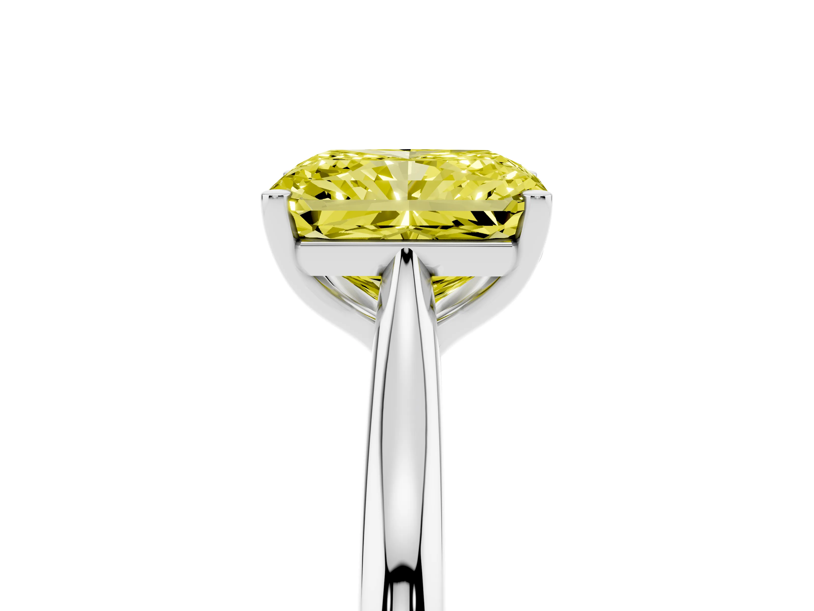 Fancy Yellow Radiant Cut Diamond Solitaire Ring Set in Platinum with Cathedral Band and Prong Setting